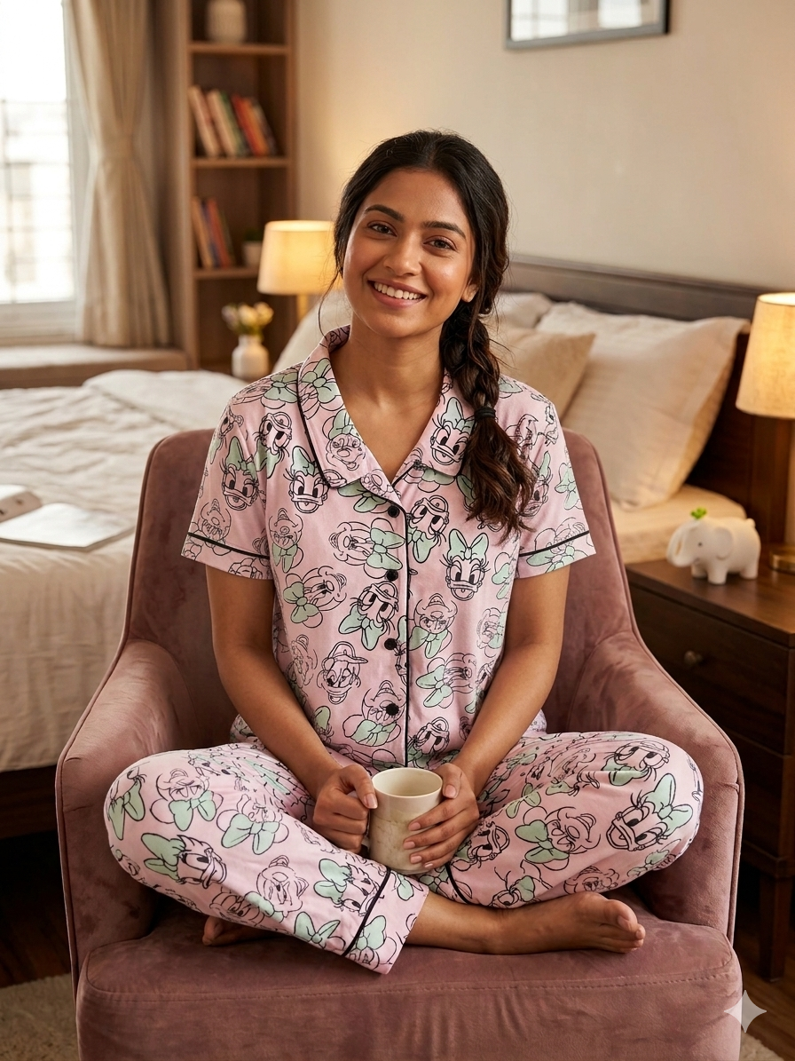 Baby Pink and Minnie Daisy Printed Shirt and Pant Coords