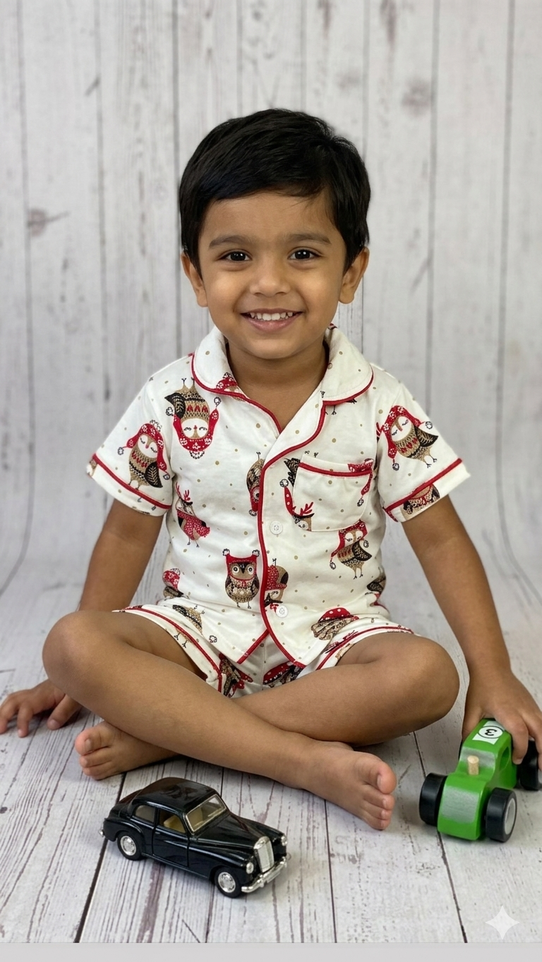 White Owl Printed Kids Night Suit Sets