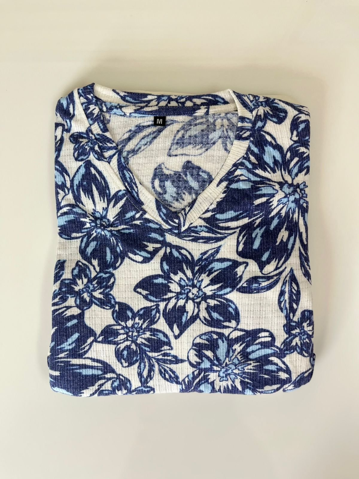 Cream with Navy Blue Floral Printed V-Neck Lounge Frock