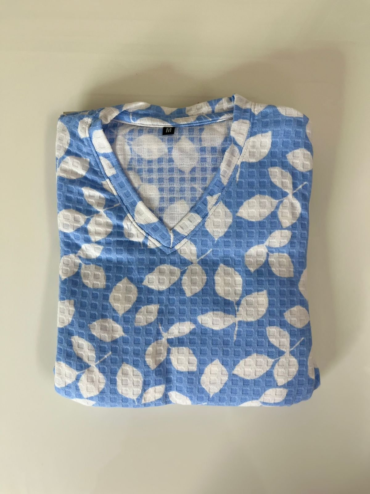 Light Blue with White Leafy Printed V-Neck Lounge Frock