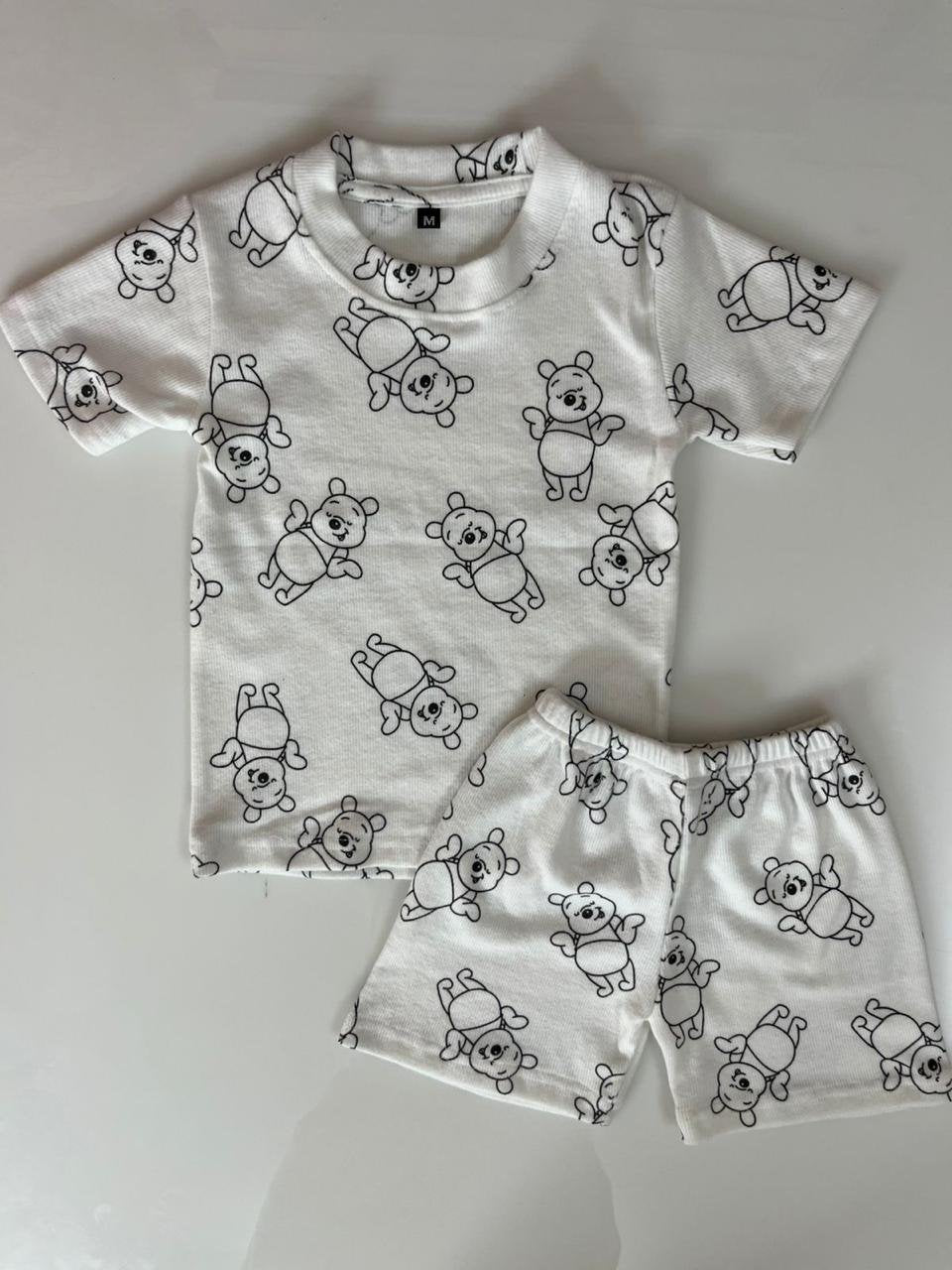 White Black Bear Printed Kids T-shirt and Shorts Coords