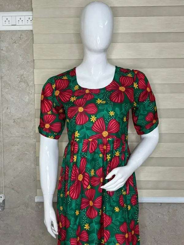 Green With Pink Flower Printed Outdoor Blended Cotton Non Feeding Maxi
