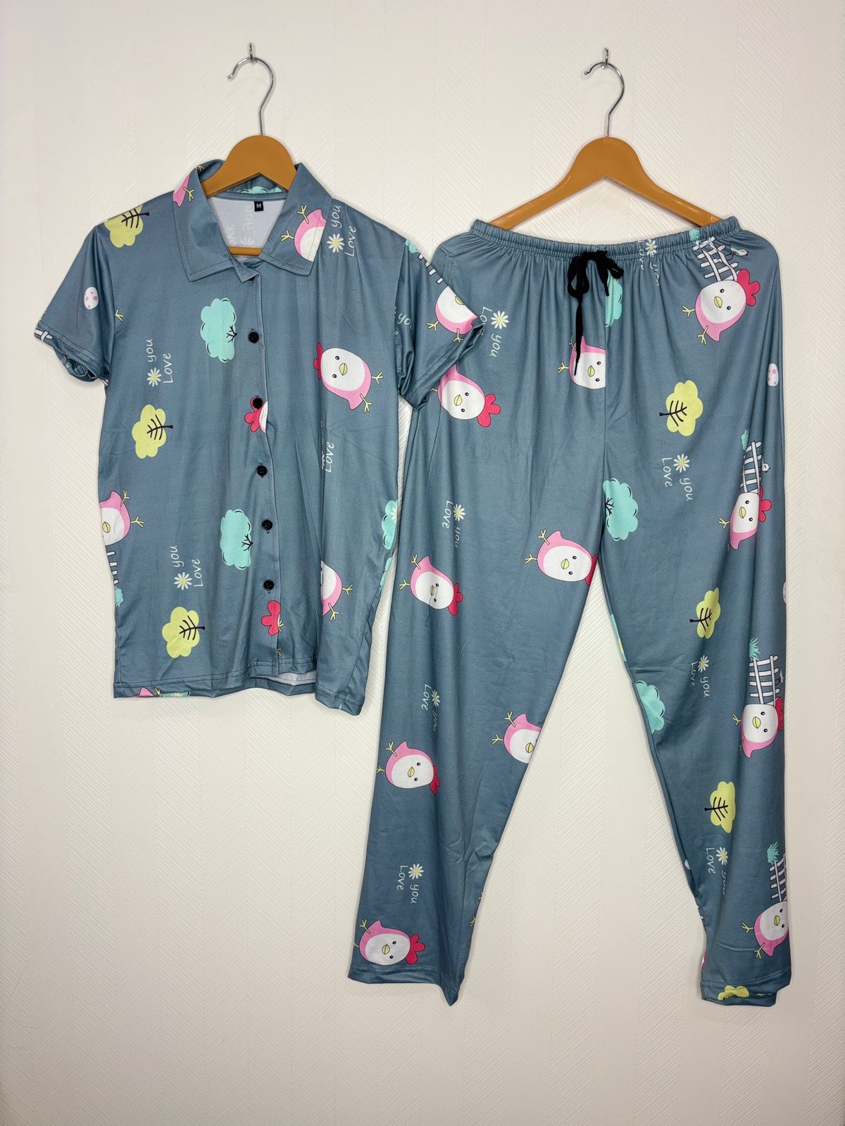 Spun Fabric Slate Grey Cartoon Print Women's Night Suit
