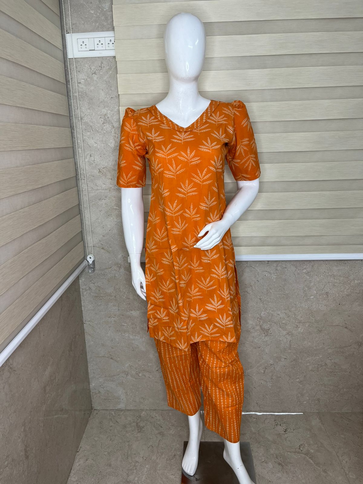 Women's Orange Leaf Printed Short Kurti