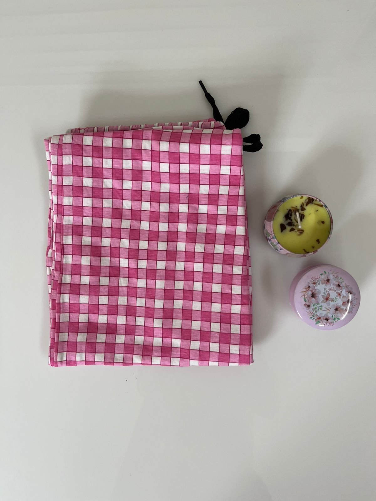 Pink and White Gingham Pattern Printed Women’s Night Pant