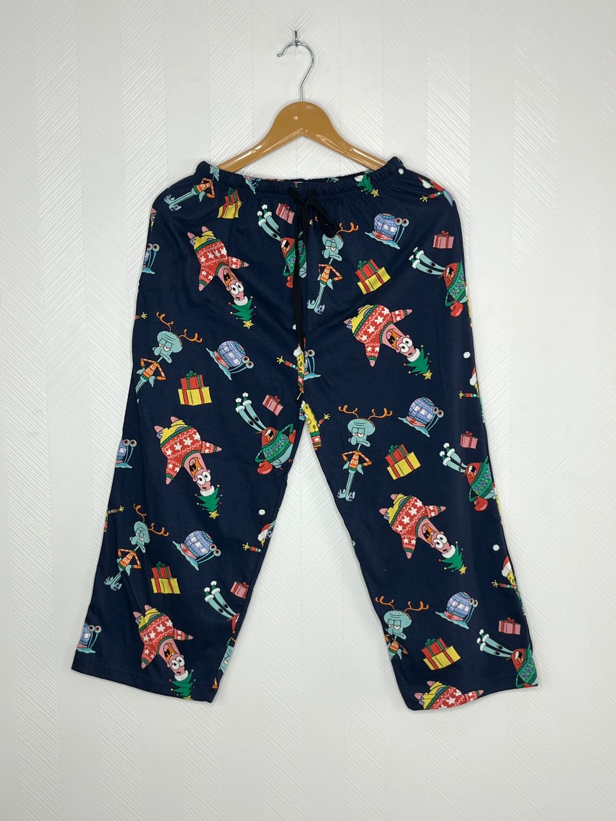Navy Blue Cartoon Christmas Print Cotton 3/4th Pants