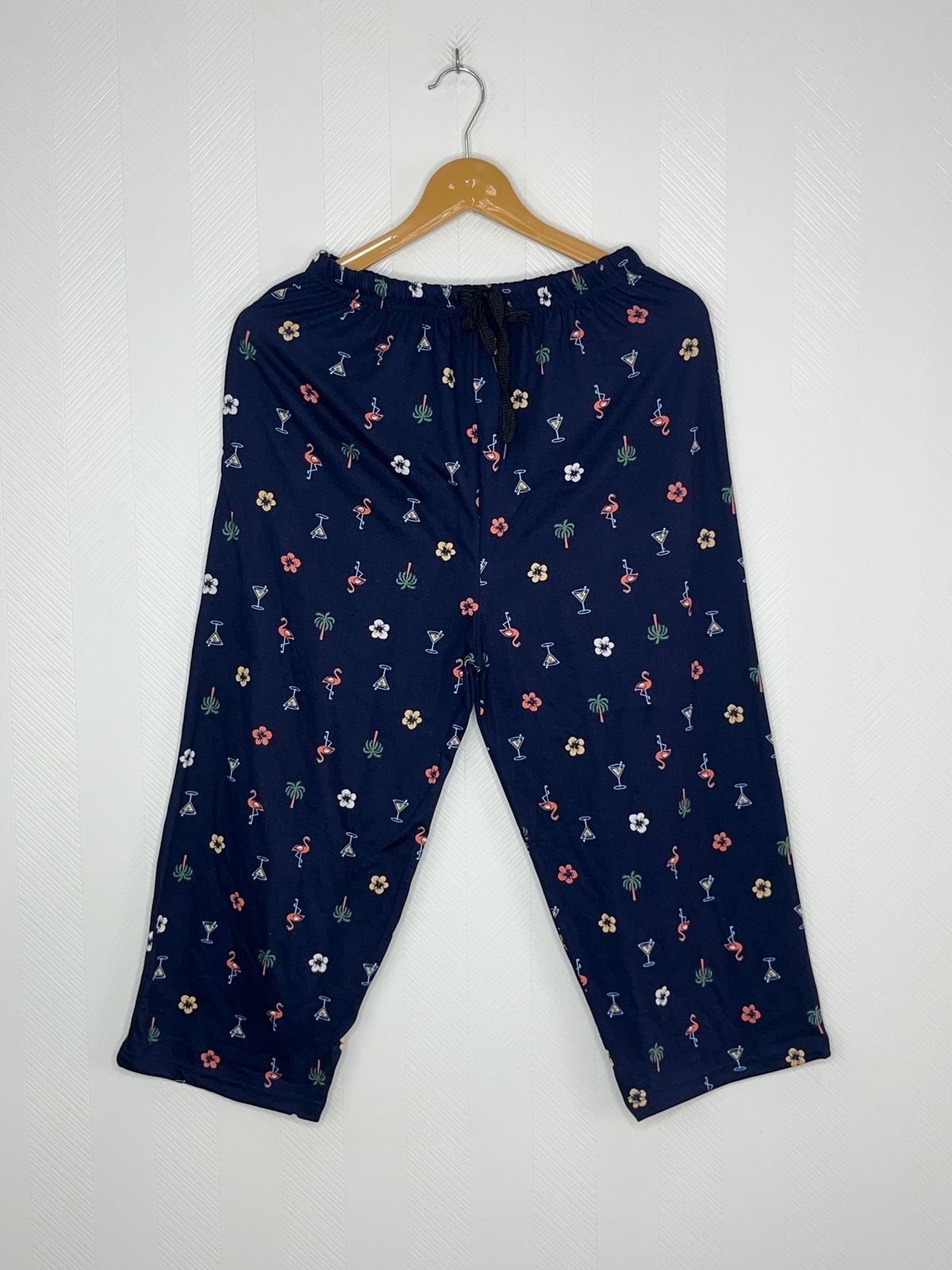 Navy Blue Tropical Print Cotton 3/4th Pants