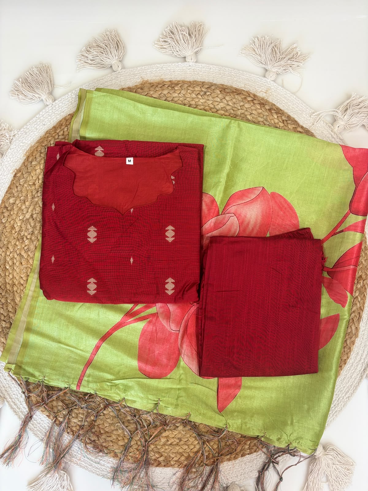 Deep Maroon & Lime Green Printed Women’s 3 Piece Set
