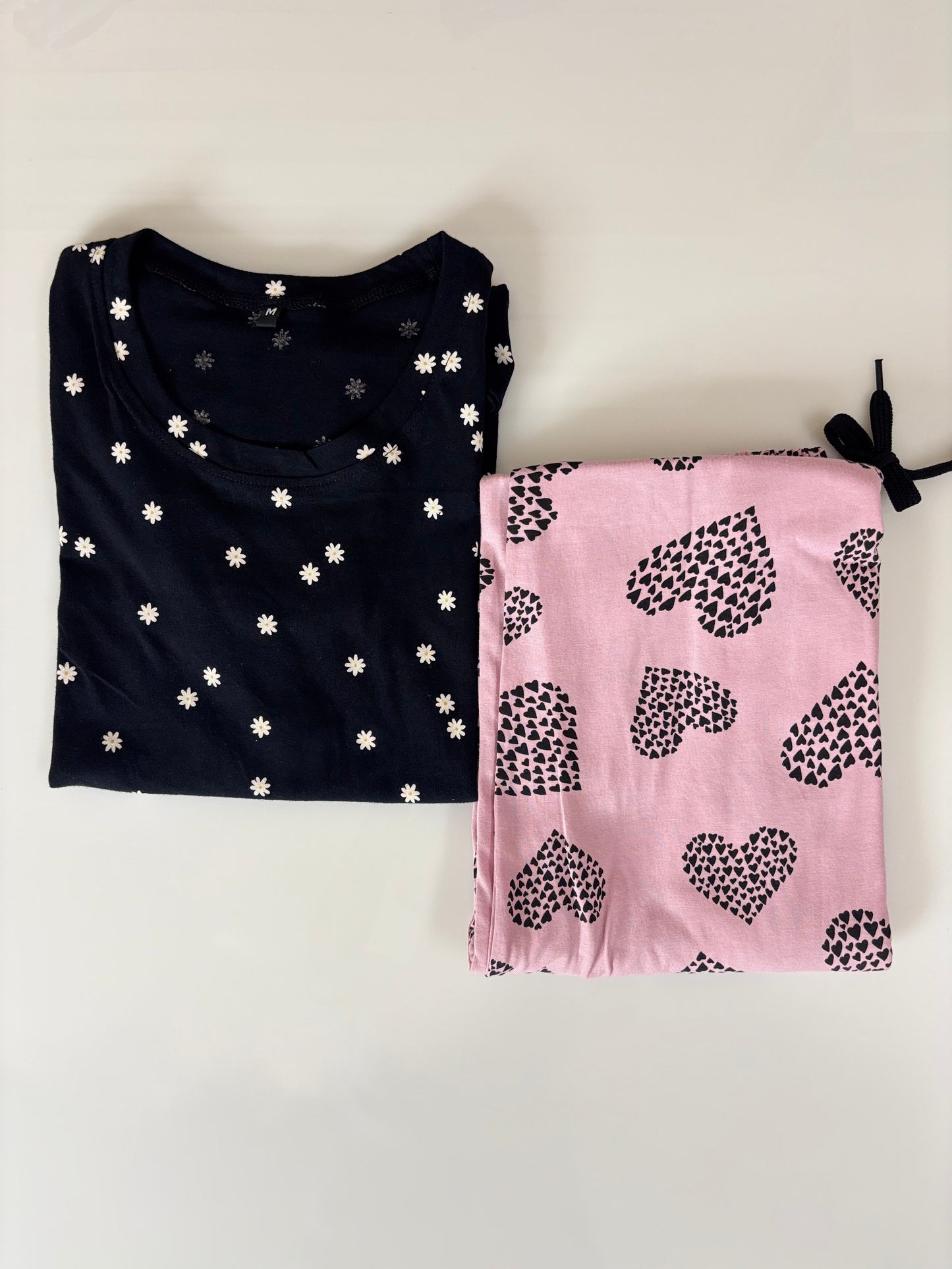 Navy Blue and White Floral Printed T-shirt with Pink Heart Combo Pant Set