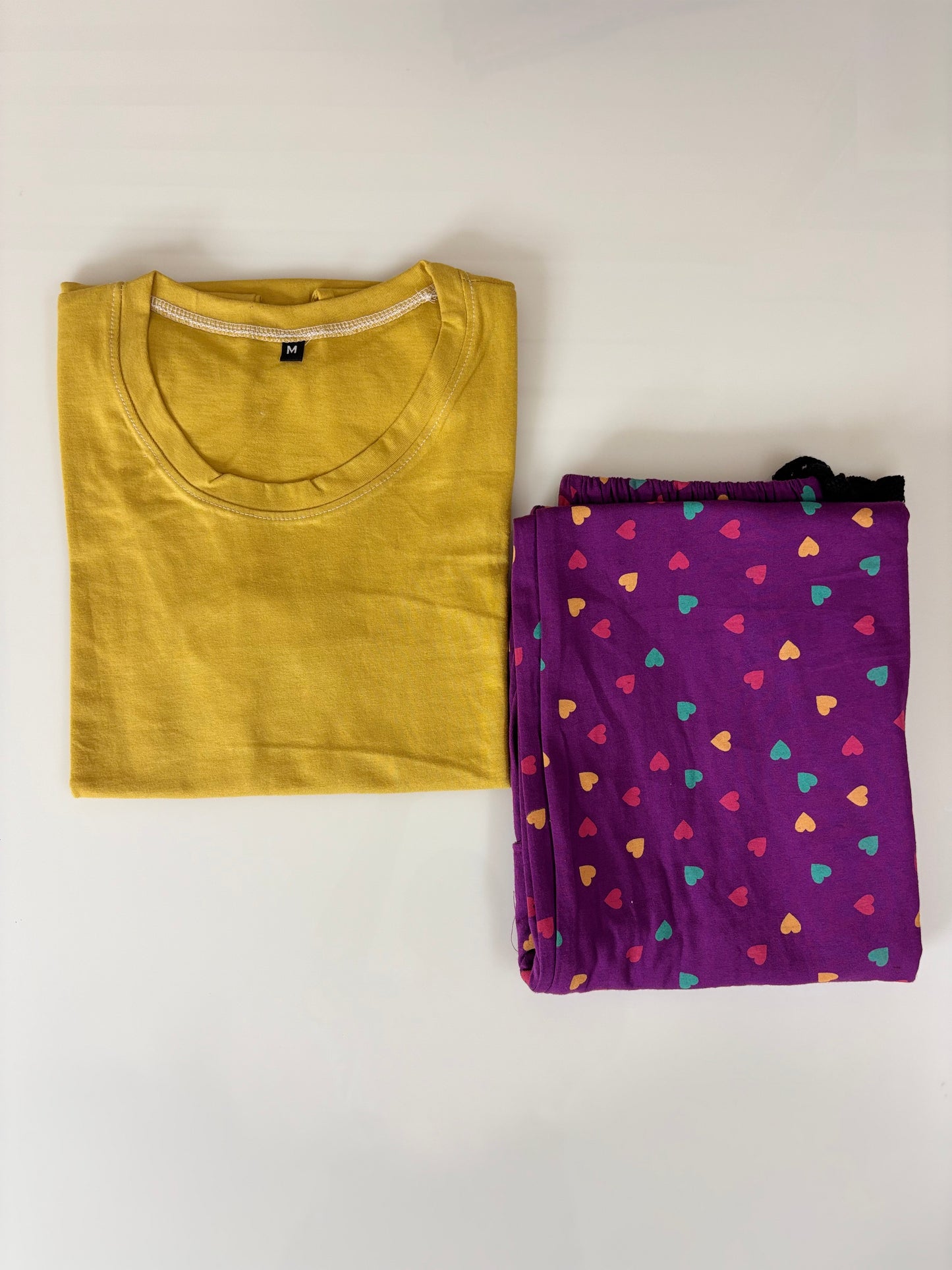 Mustard Yellow and Purple Heart Printed T-shirt with Combo Pant Set