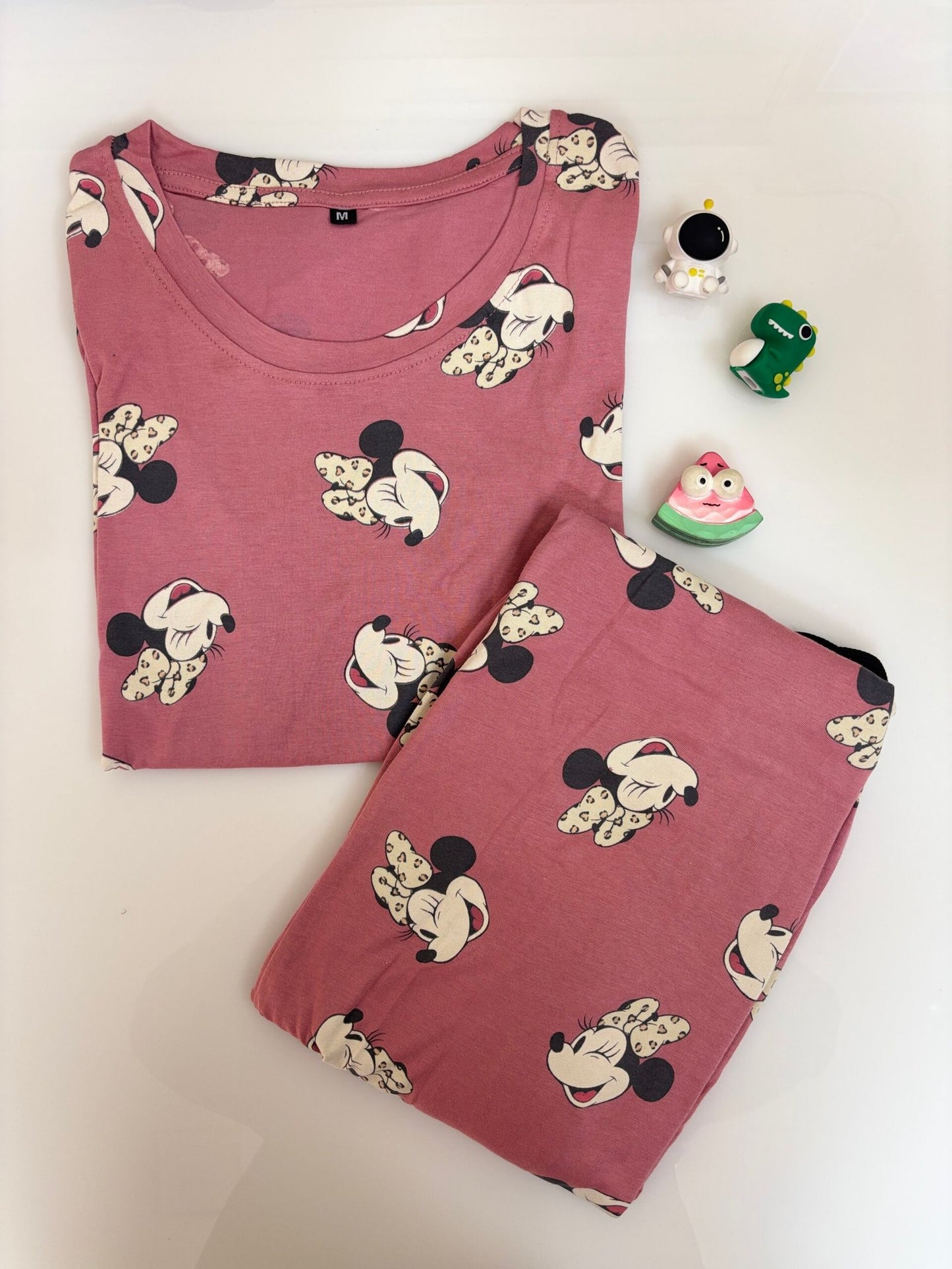 Dark Pink Micky's Printed T-shirt with Combo Pant Set