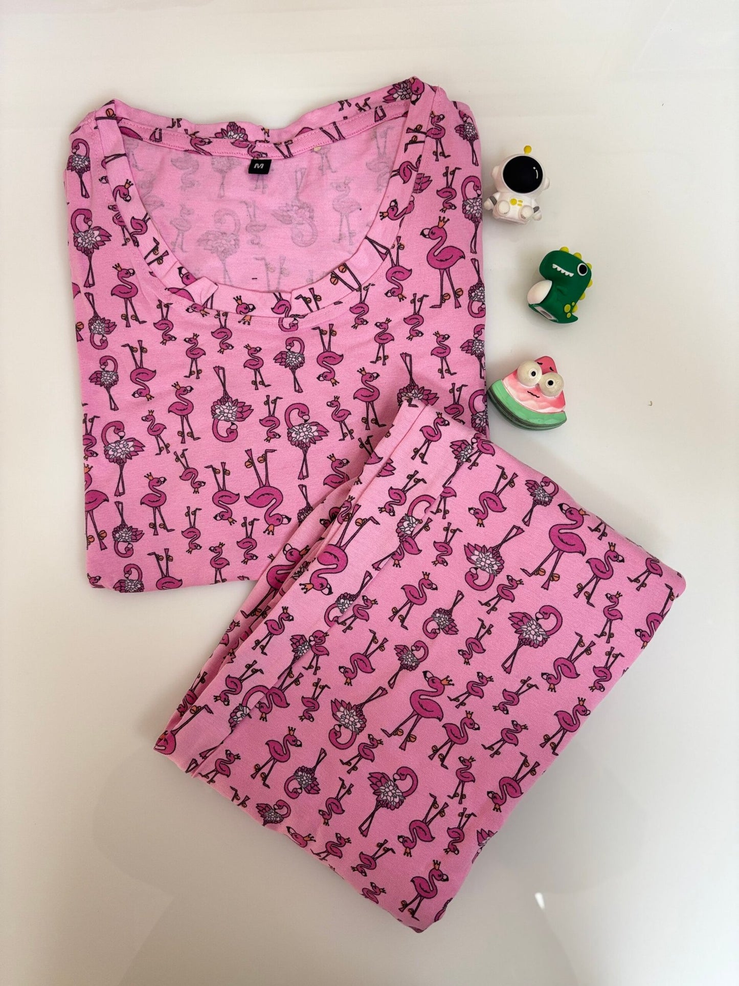 Pink Crane Bird's Printed T-shirt with Combo Pant Set
