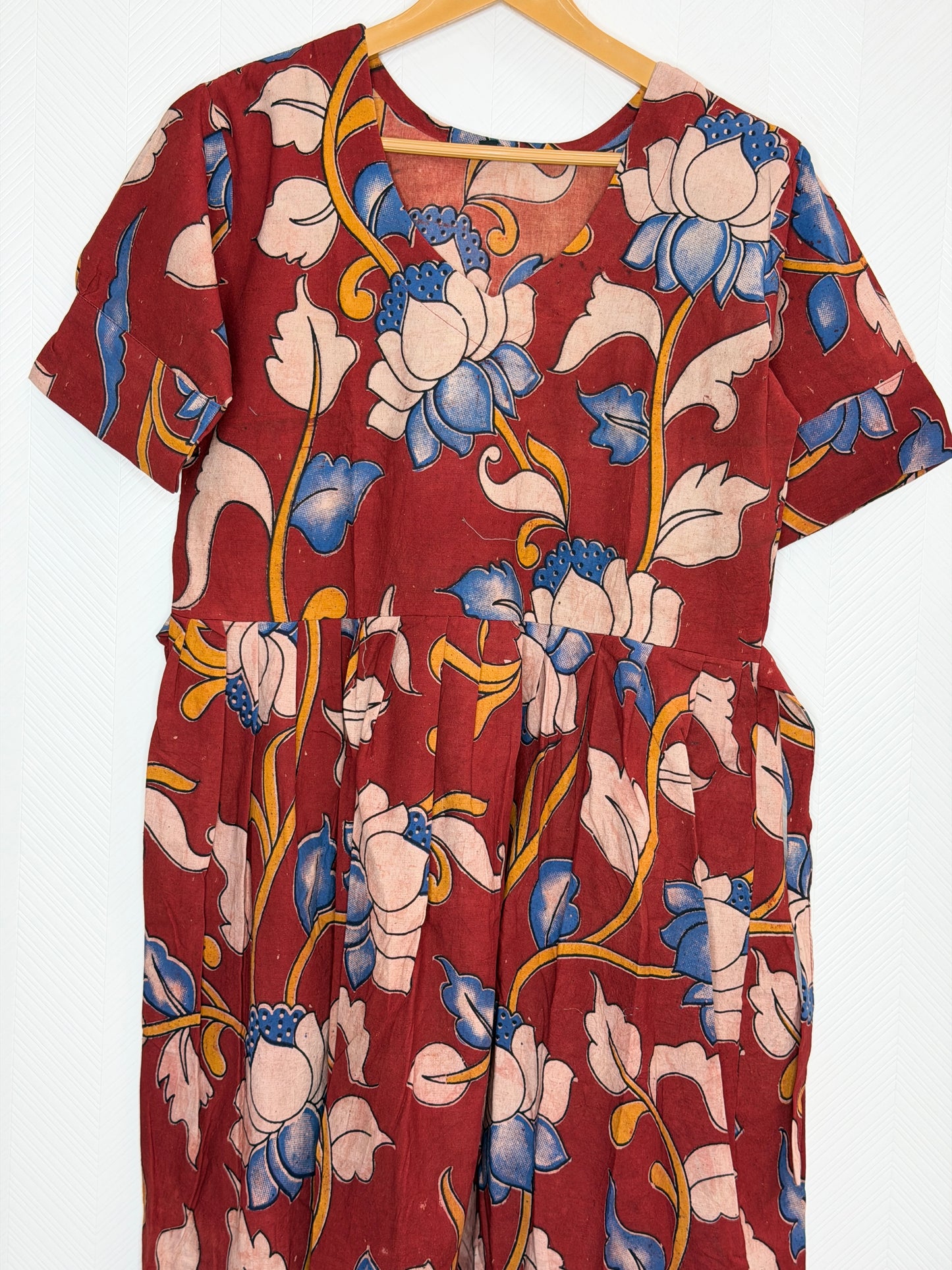 Floral Printed Rust Red - Cotton Kalamkari Frock