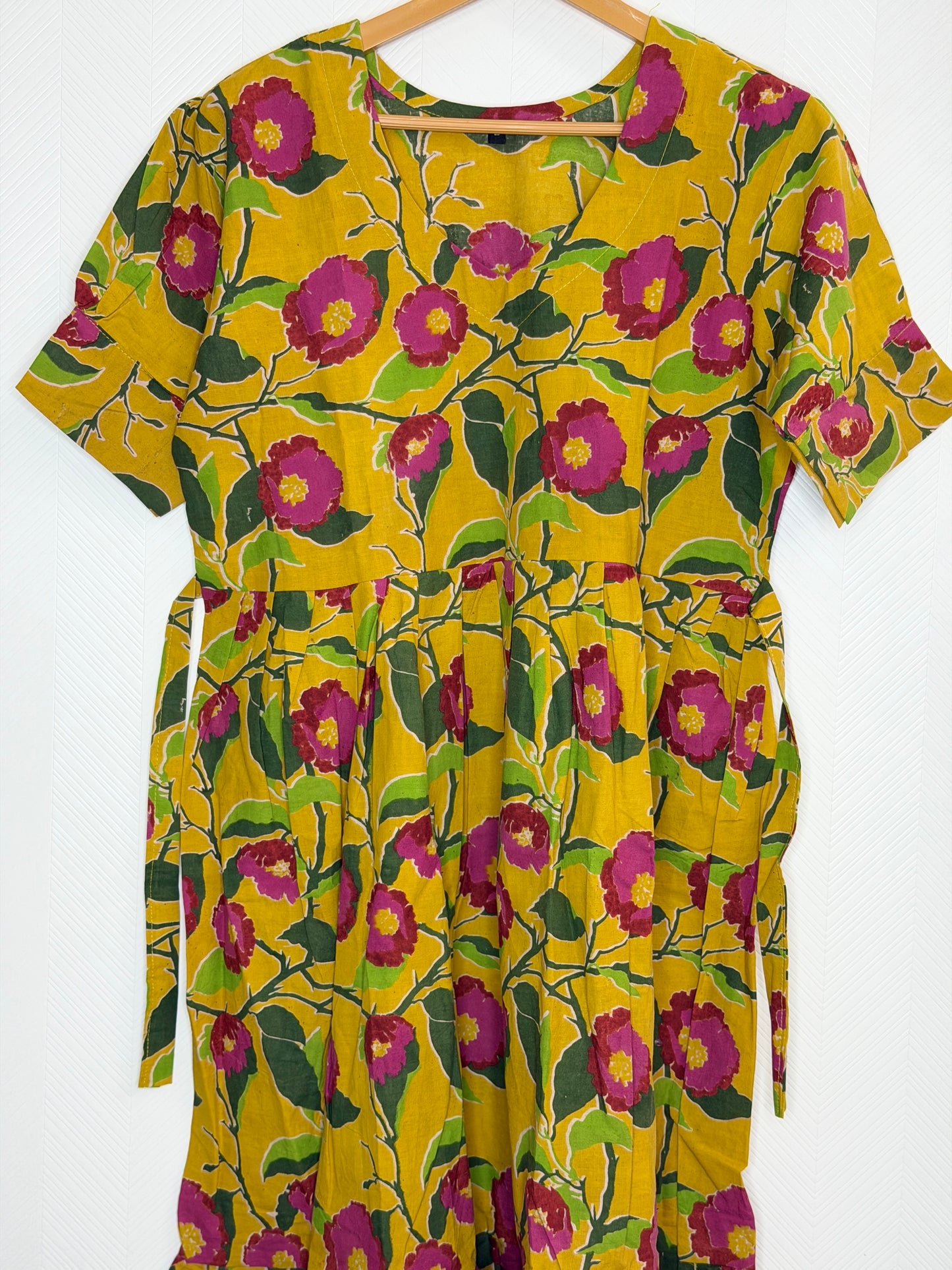 Floral Printed Yellow Pink - Cotton Kalamkari Frock