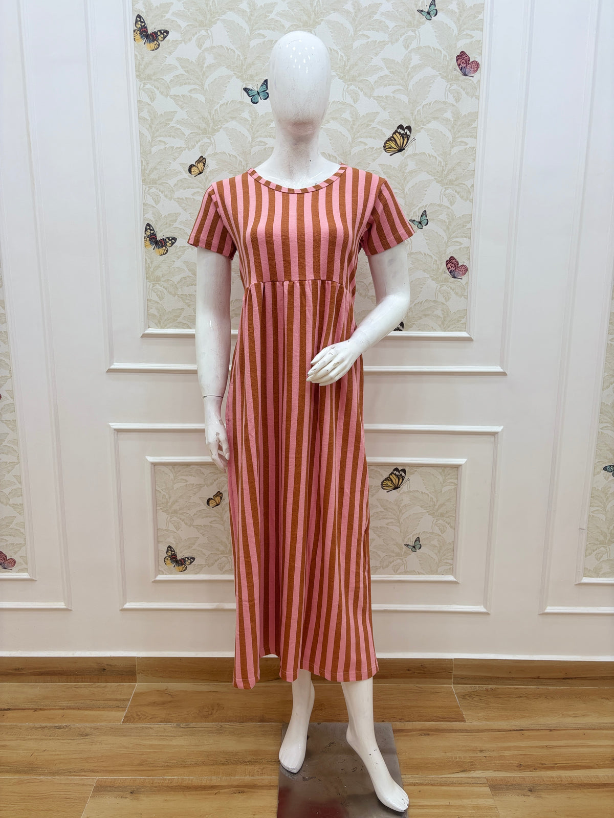 Rust & Pink Vertical Stripe Short Sleeve Lounge Frock
