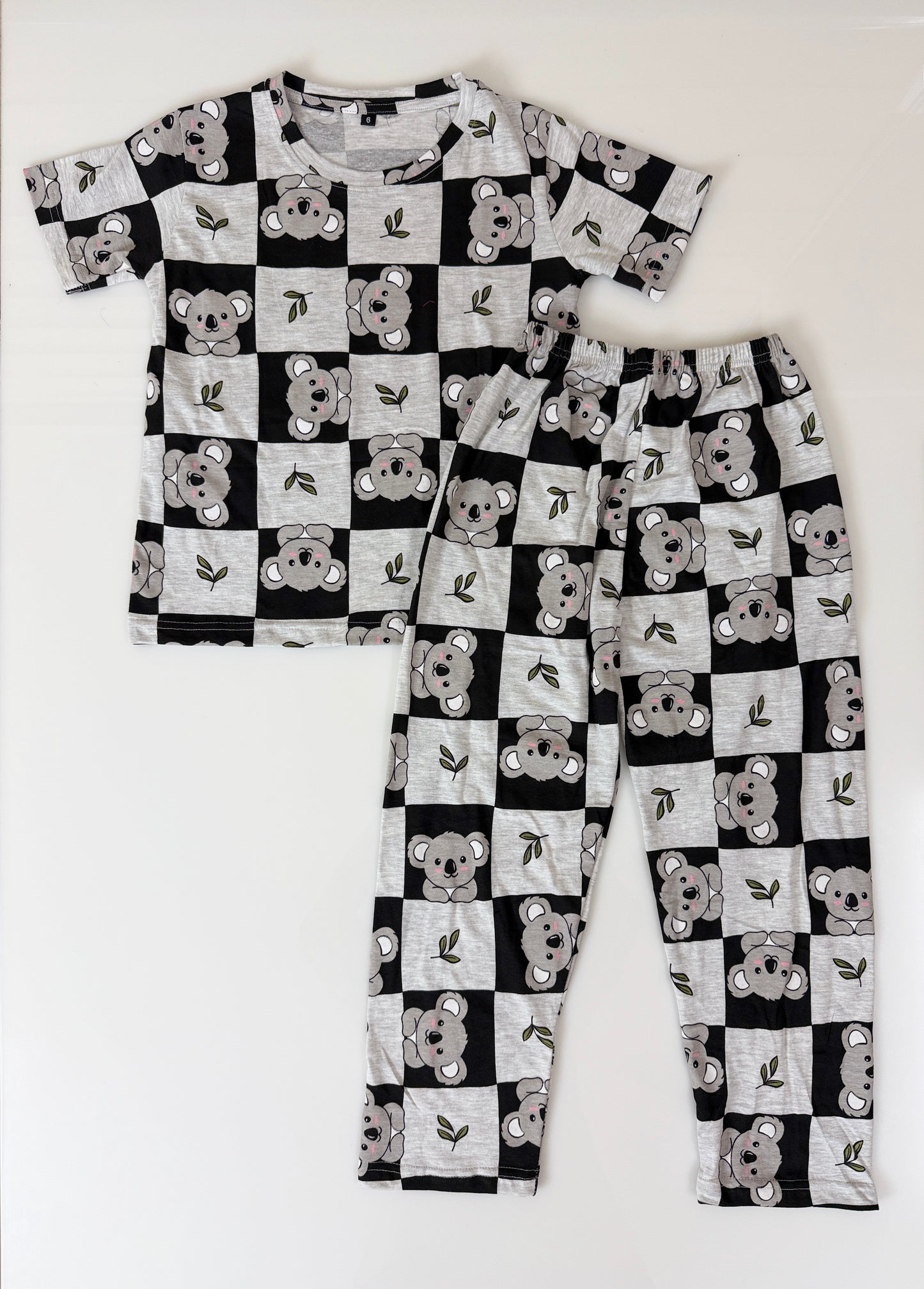 Black & White Koala Check Print T-Shirt and Pant Co-ords