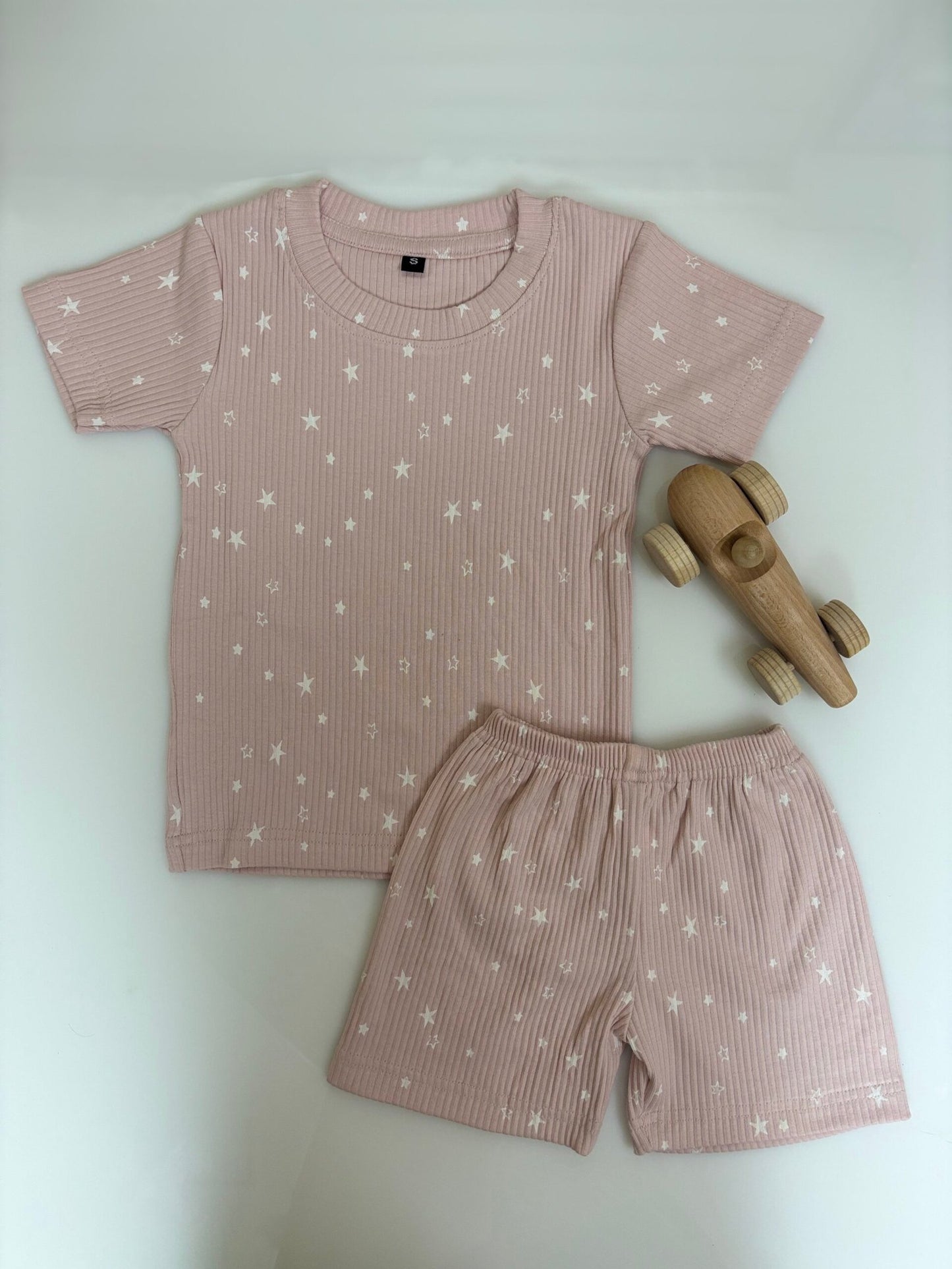 Brown Ribbed White Stars Printed Kids T-shirt and shorts Coords