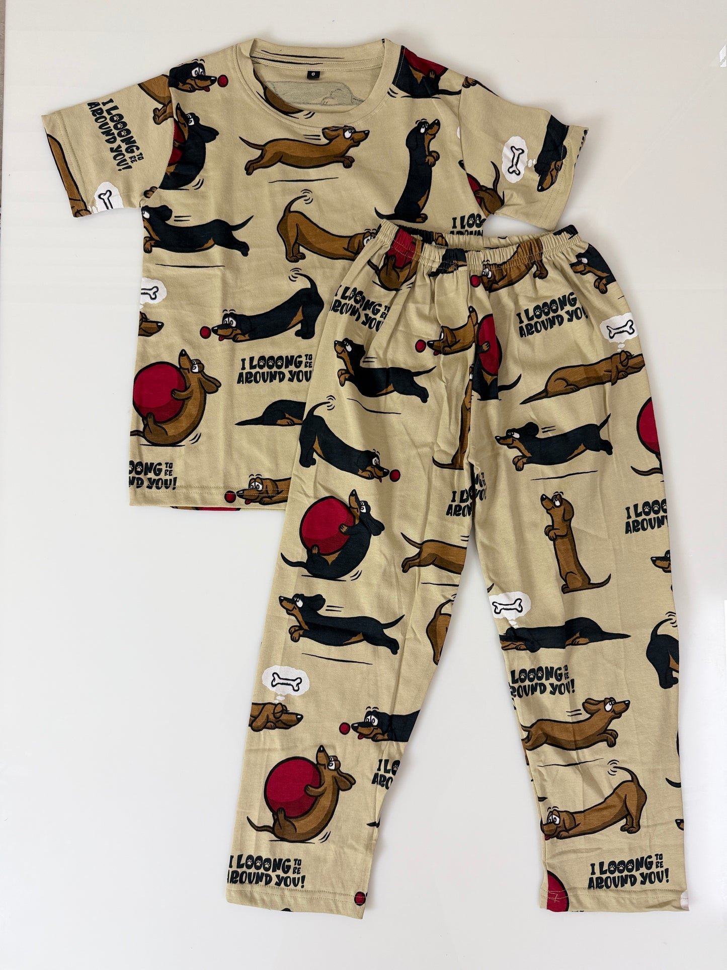 Beige Dachshund Dog Print T-Shirt and Pant Co-ords