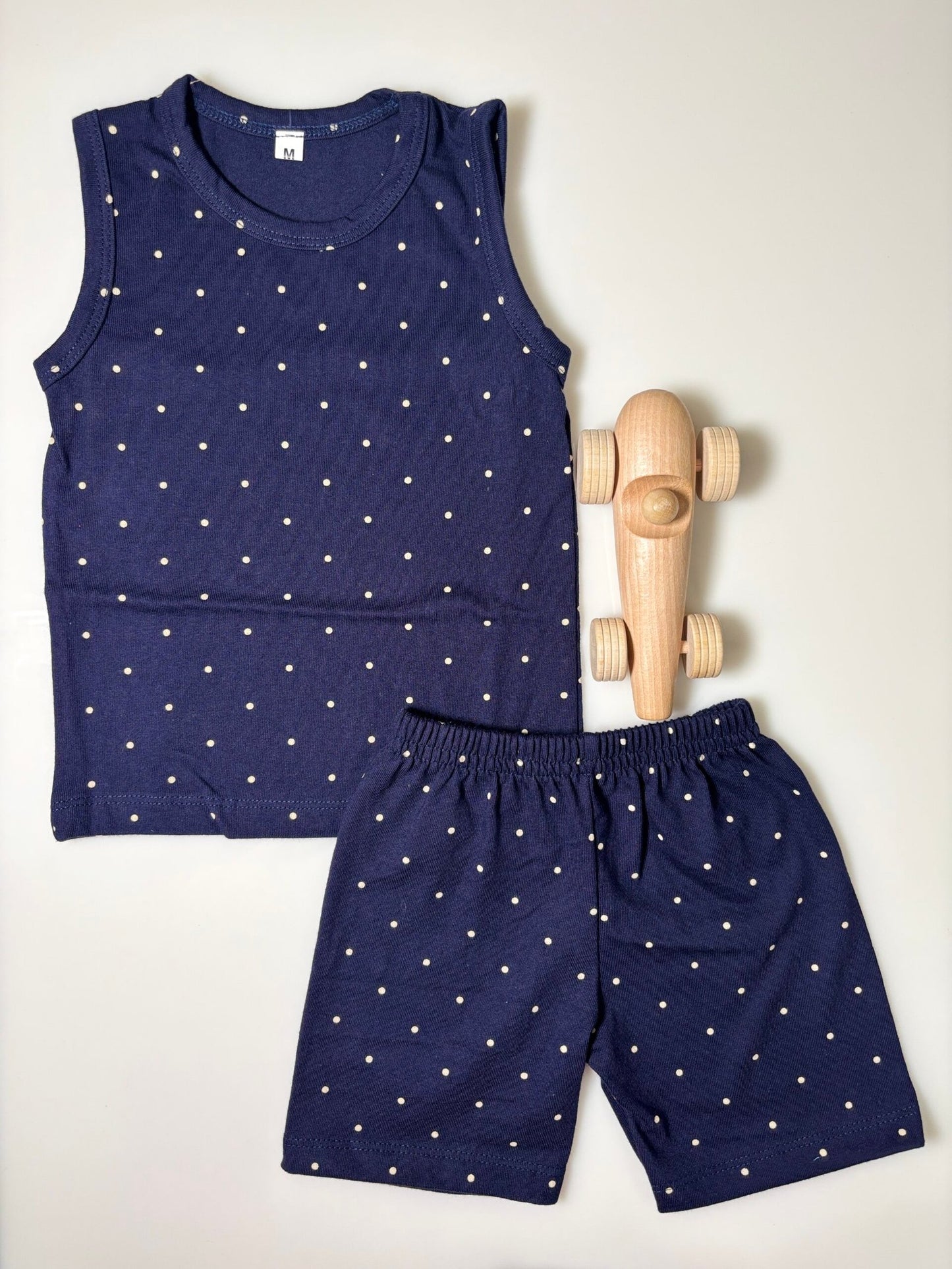 Navy Blue Dots Printed Kids Sleeveless Coords