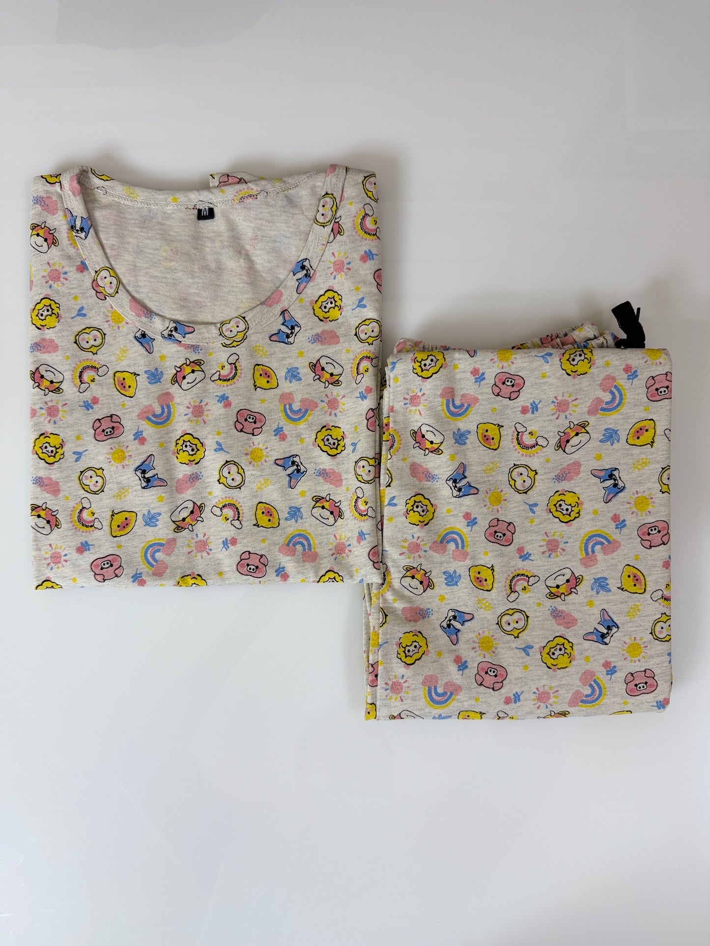Cream with Multicolor Animals Printed T-shirt with Combo Pant Set