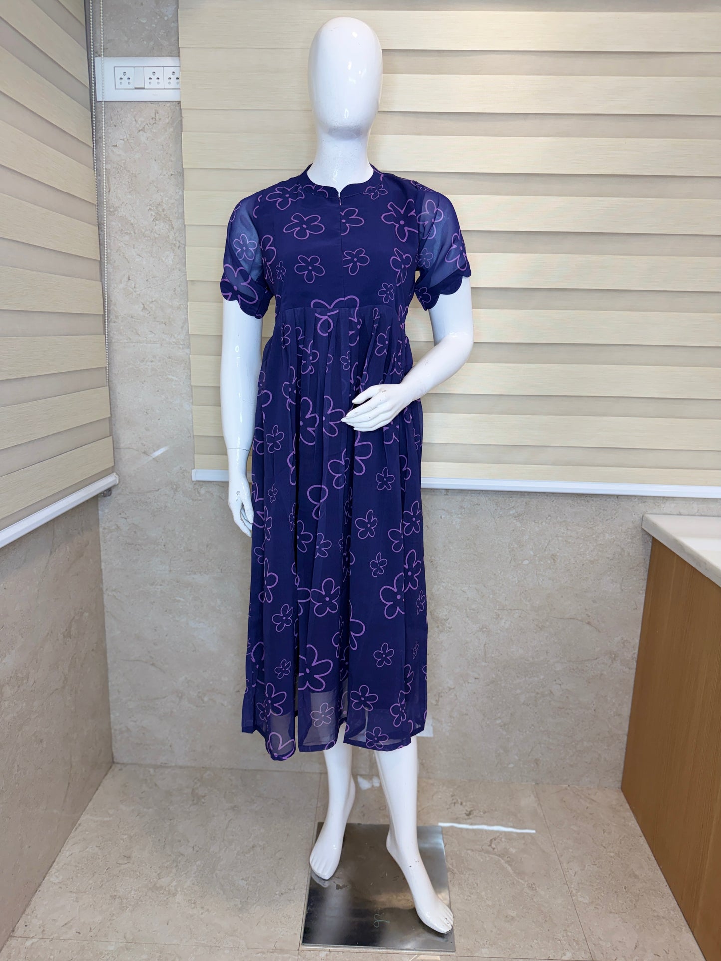 Navy Blue with Floral Printed Georgette Center Zip Maxi