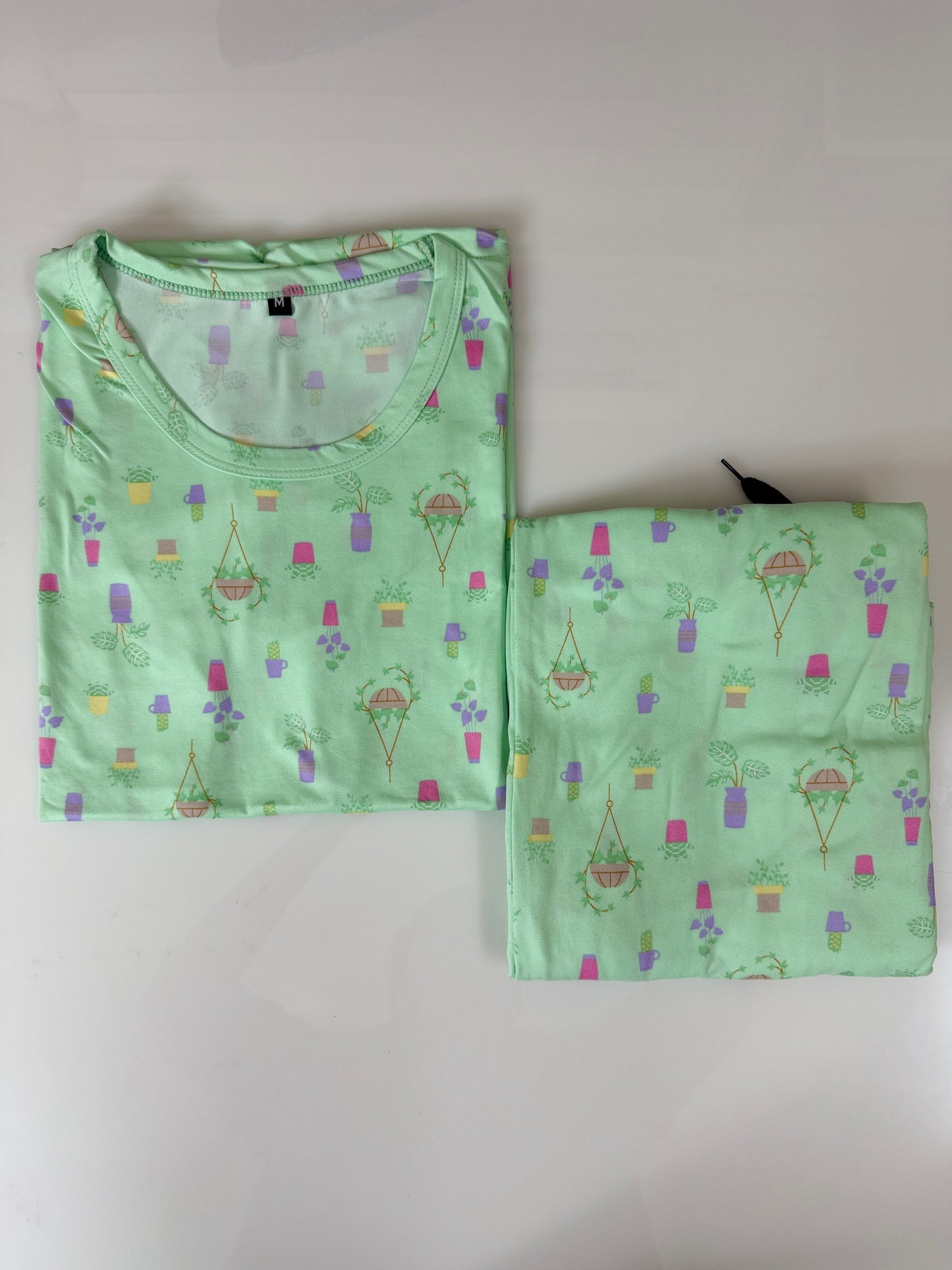 Spun Fabric Mint Green Plant Pot Printed T-shirt and Palazzo Set