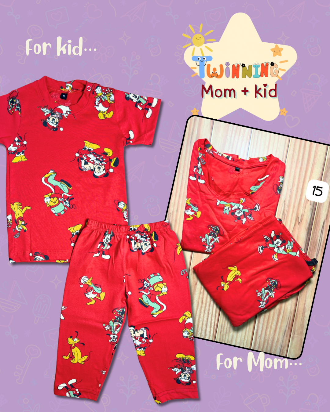 Red Micky Printed Mom & Kid Combo Set