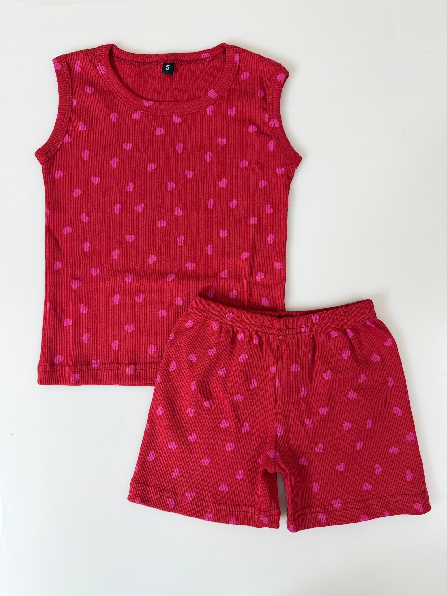 Red Mini Heart Print Sleeveless Kids Co-ords