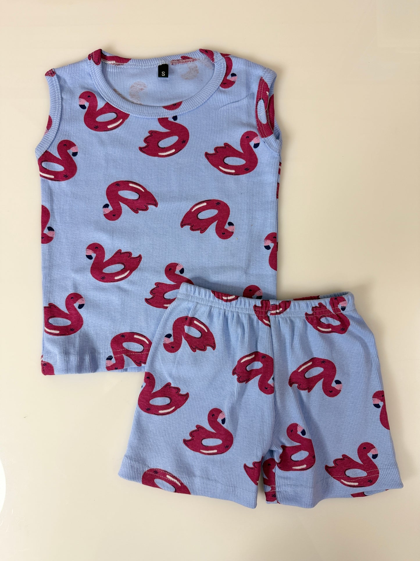 Sky Blue Flamingo Print Sleeveless Kids Co-ords