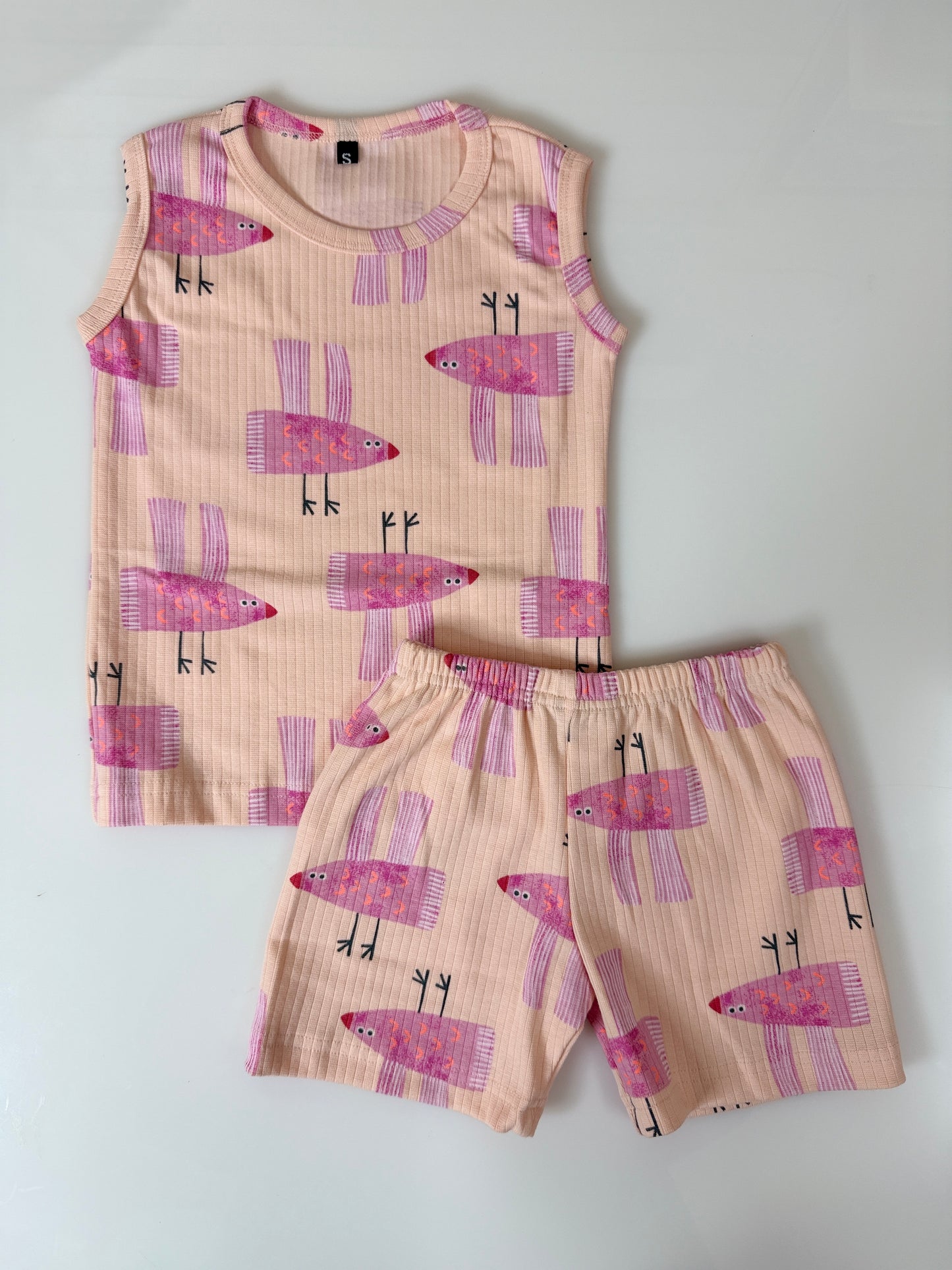 Peach Bird Print Sleeveless Kids Co-ords