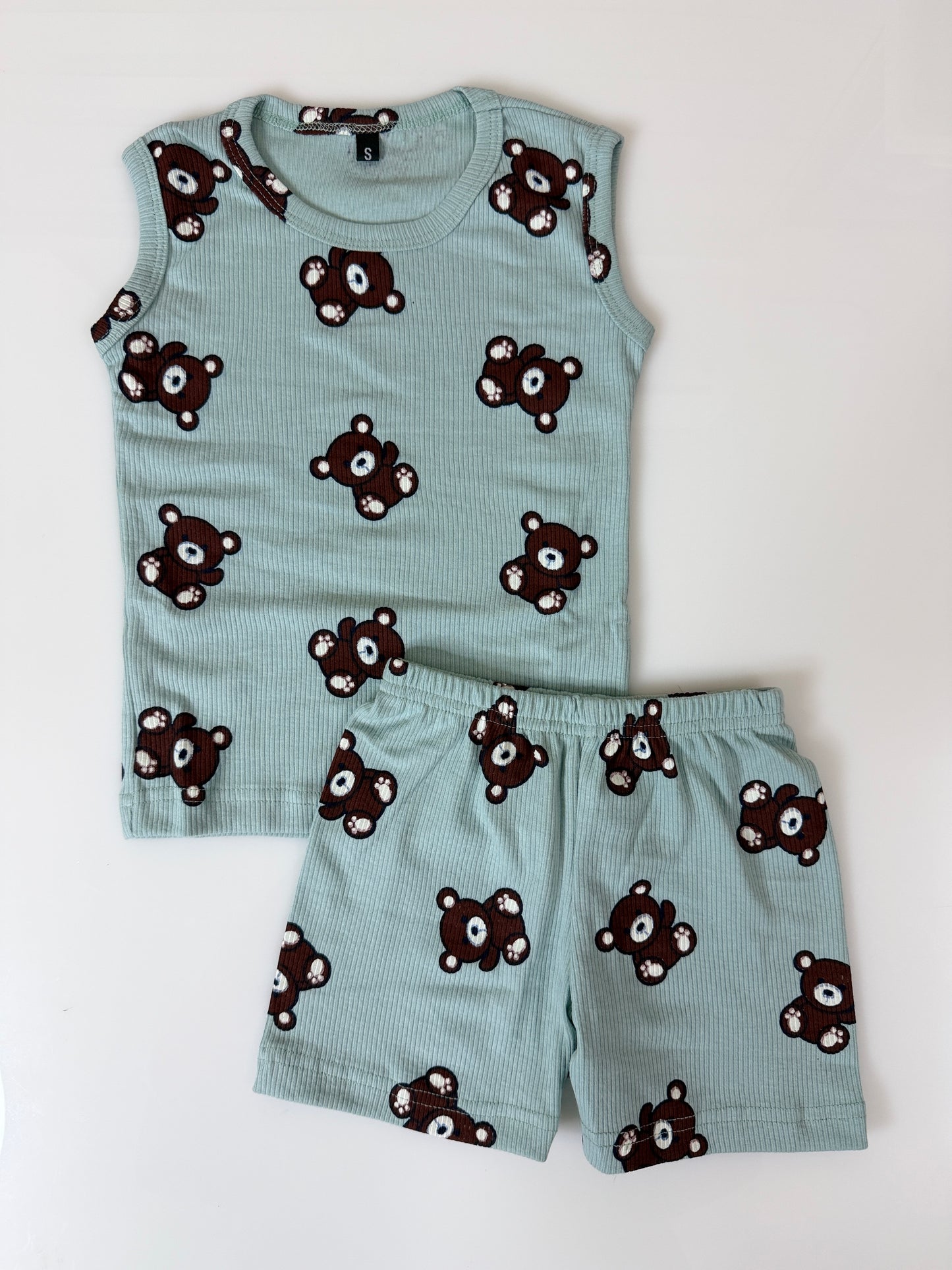 Mint Green Teddy Bear Print Sleeveless Kids Co-ords