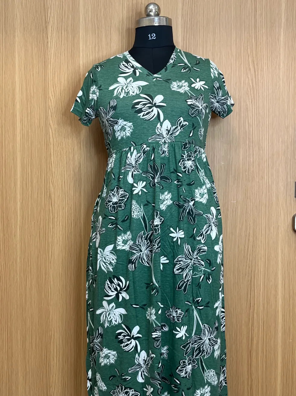 Green White Flower Printed Lounge Frock