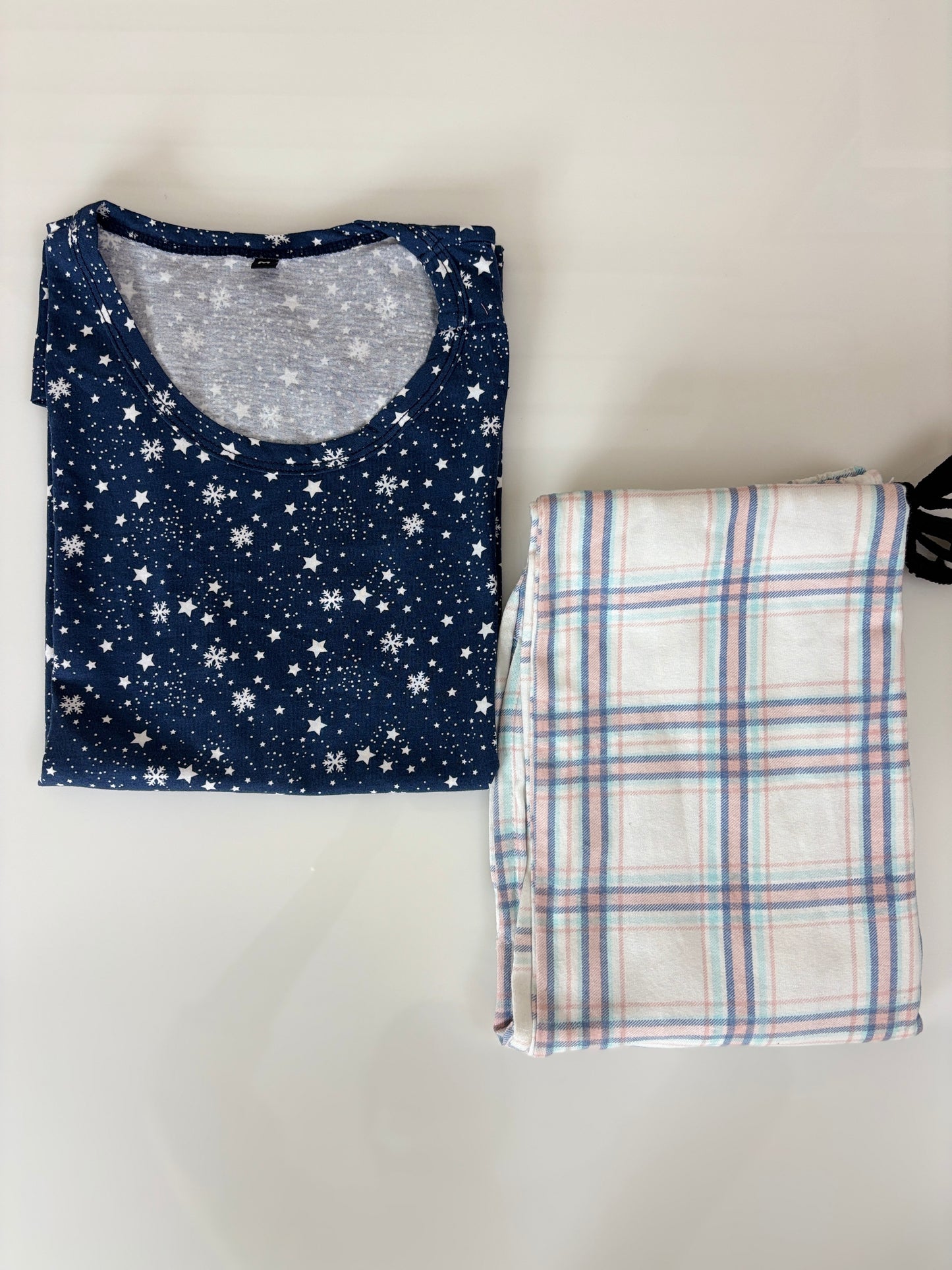 Navy Star Snowflake Print T-Shirt and White Plaid Pant Set