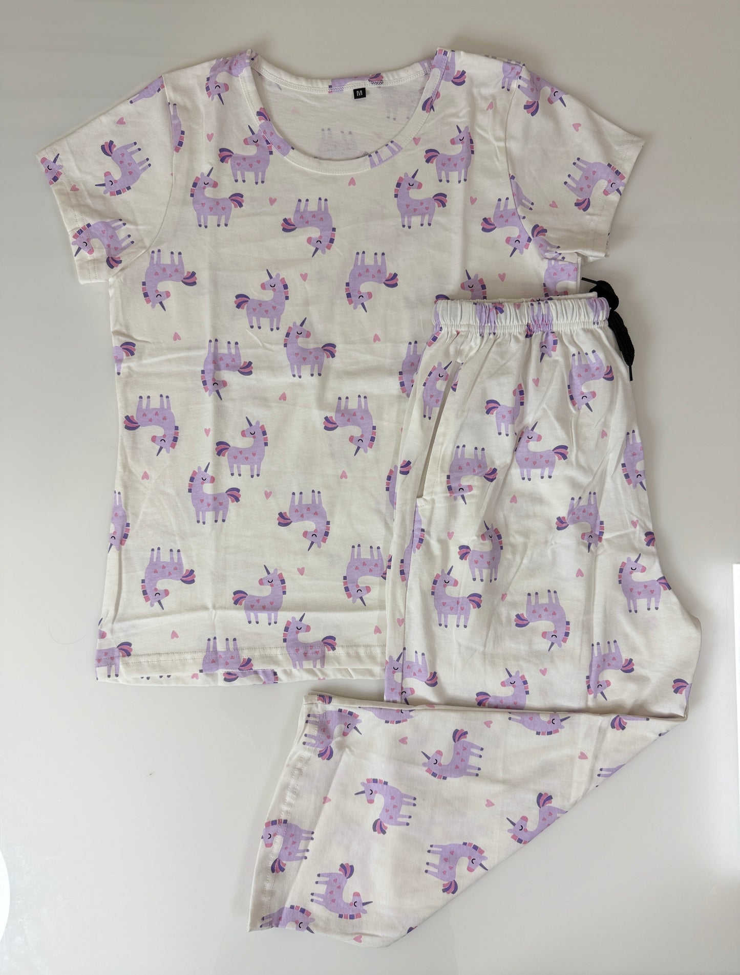 White Unicorn Print T-Shirt and 3/4th Coords