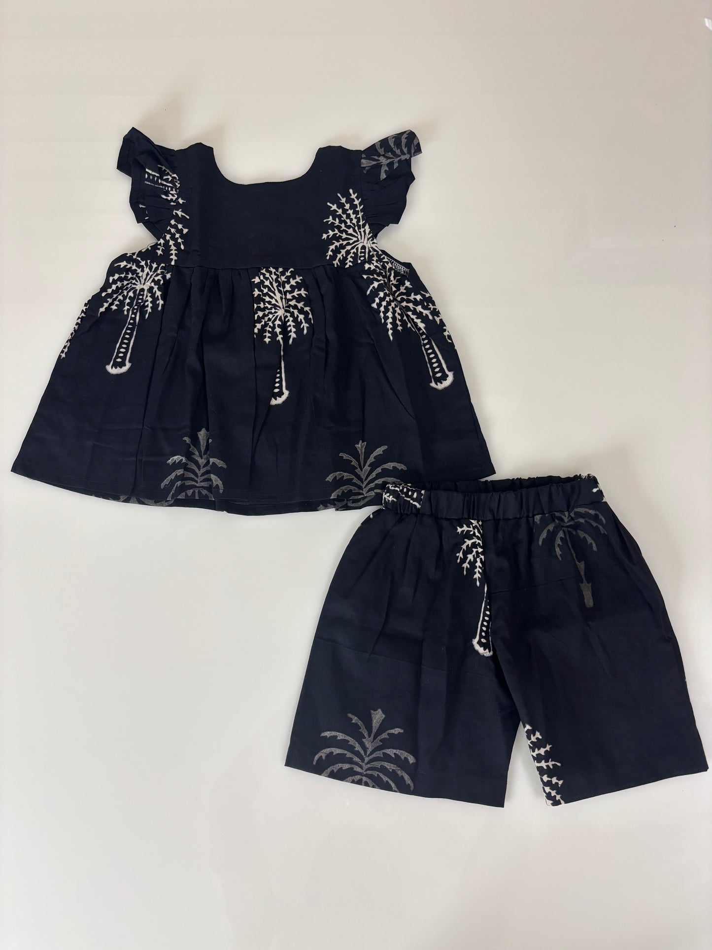 Black Palm Tree Printed Kids Top and Shorts Set