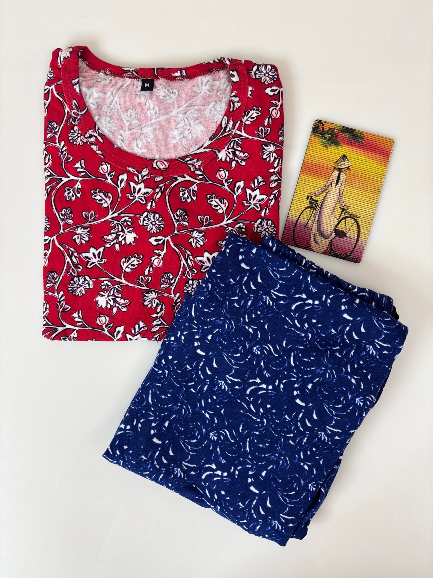 Red and White Floral Printed T-shirt with Blue Contrast Pant Set