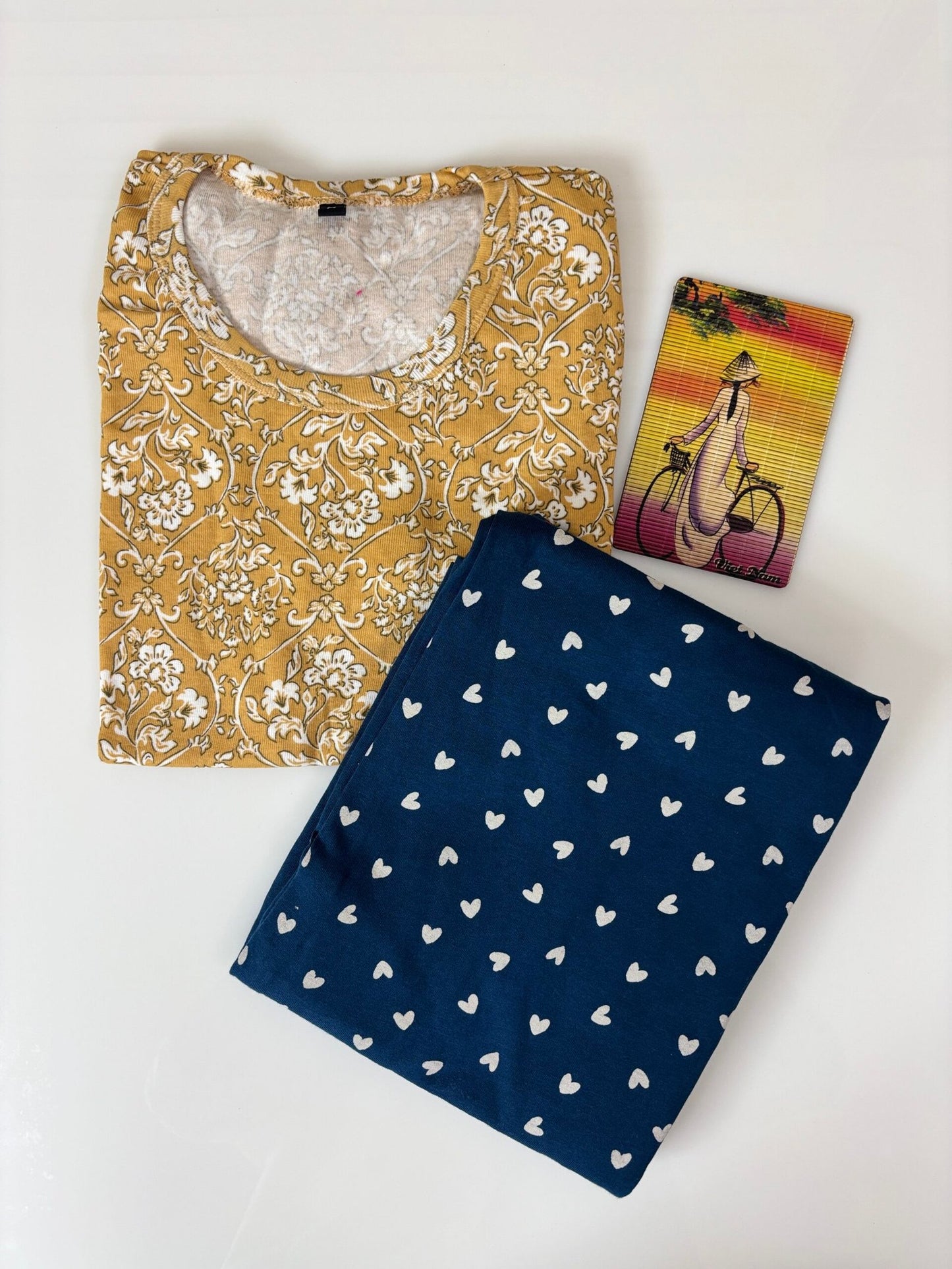 Golden Yellow Floral Printed T-shirt with Navy Blue Contrast Pant Set