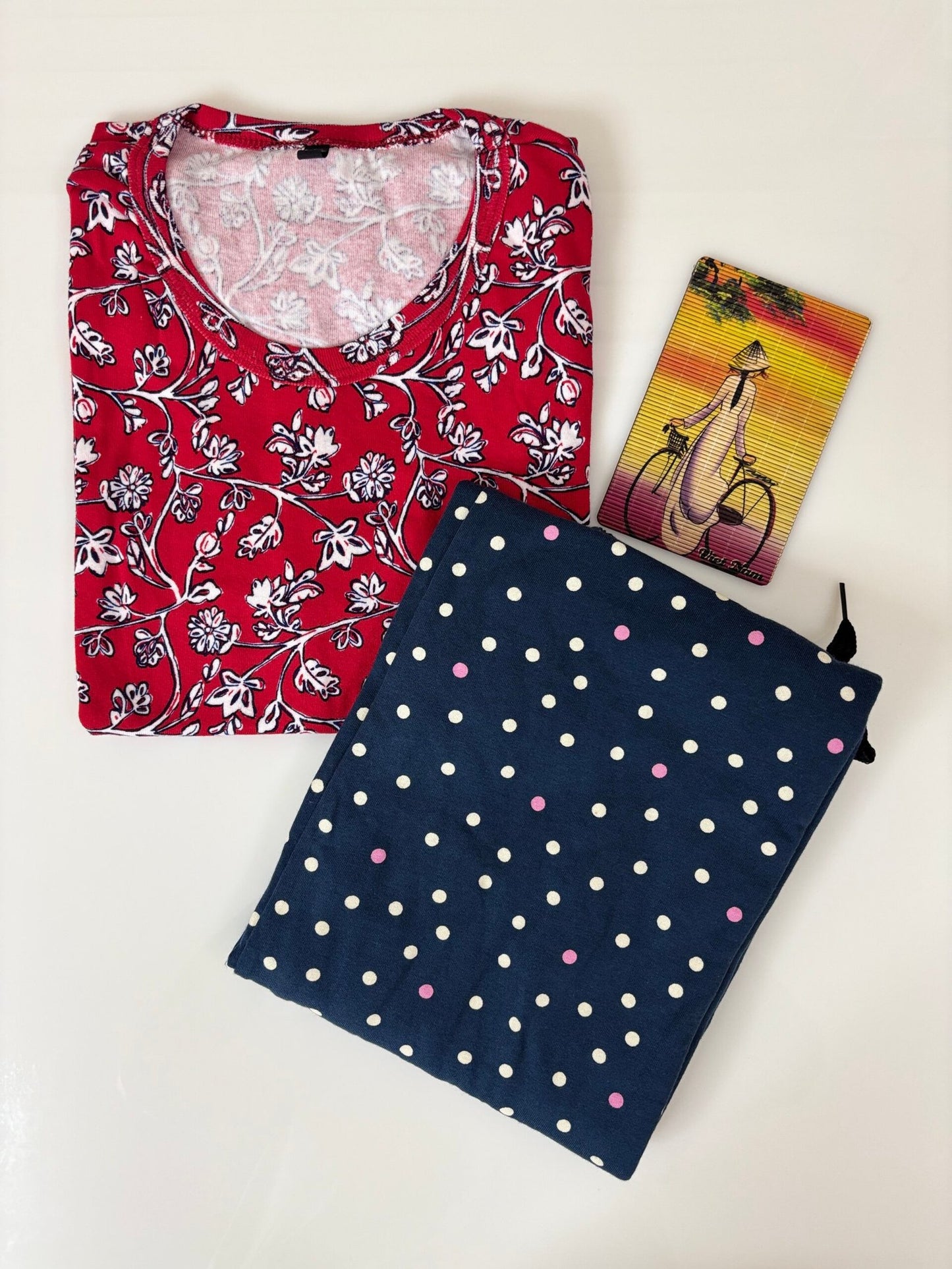 Red Floral Printed T-shirt with Navy-Blue Contrast Pant Set
