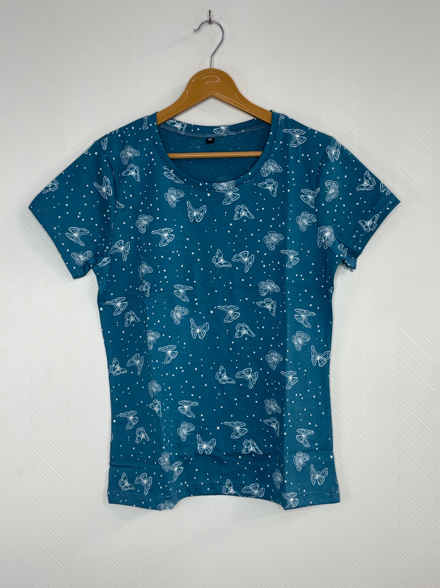Women's Teal Blue Butterfly Print Round Neck T-Shirt