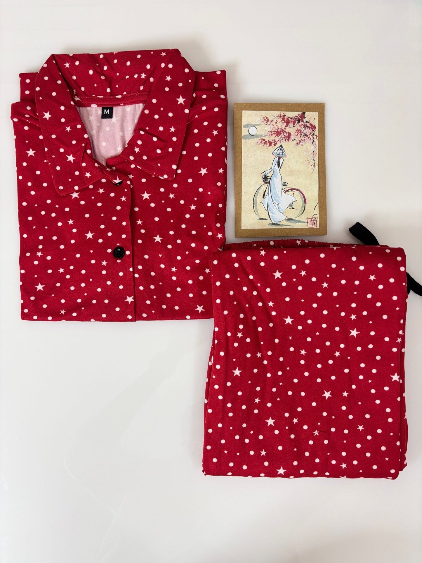 Spun Fabric Red with White Polko Dot's Printed Shirt and Pant Coords