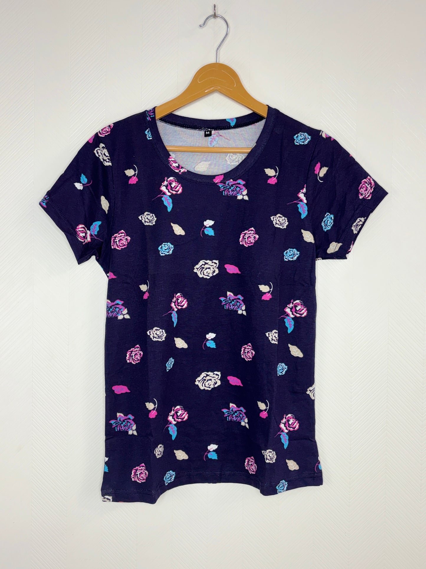 Women's Navy Blue Floral Print Round Neck T-Shirt