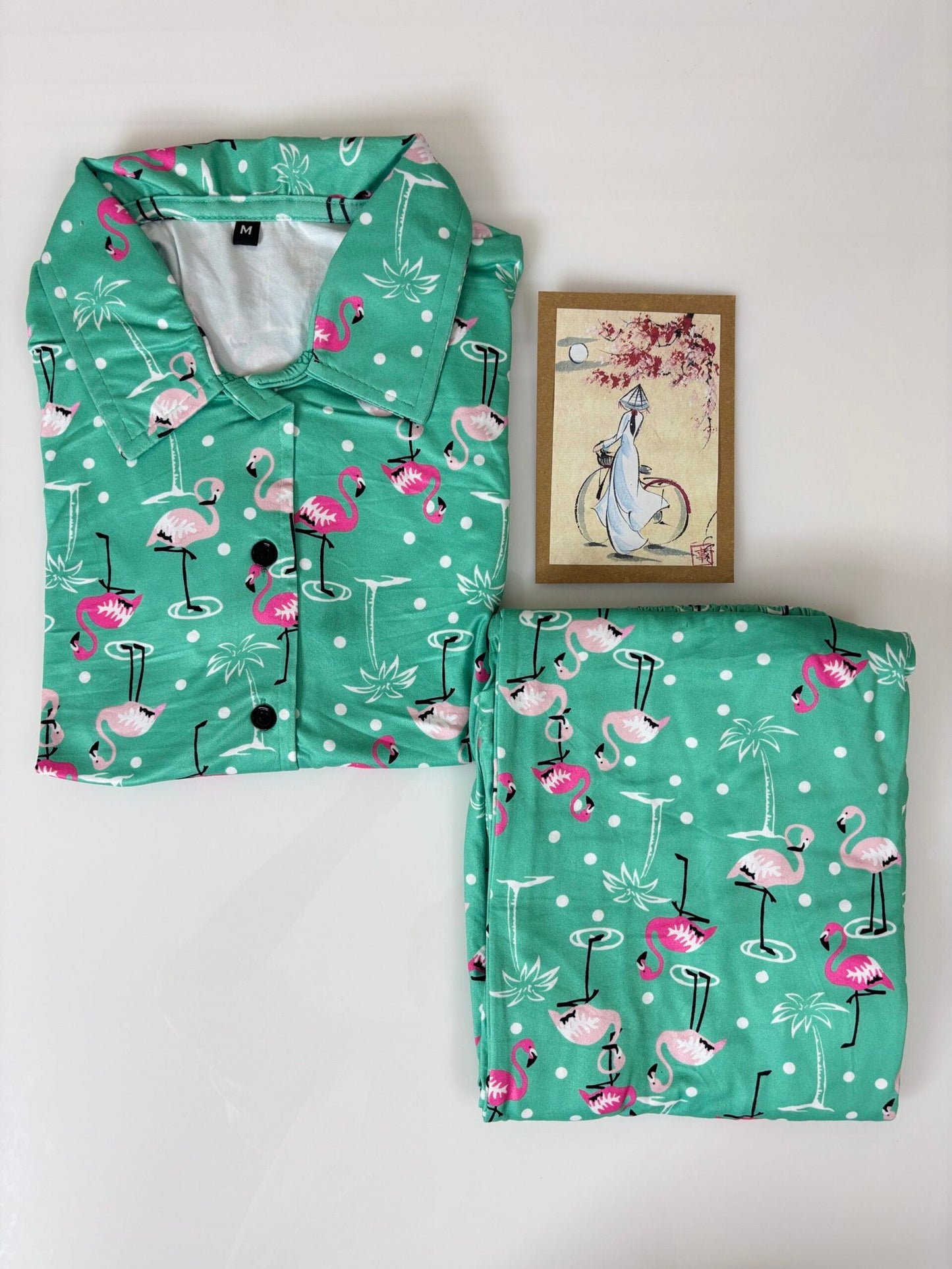 Spun Fabric Green Flamingo Printed Shirt and Pant Coords