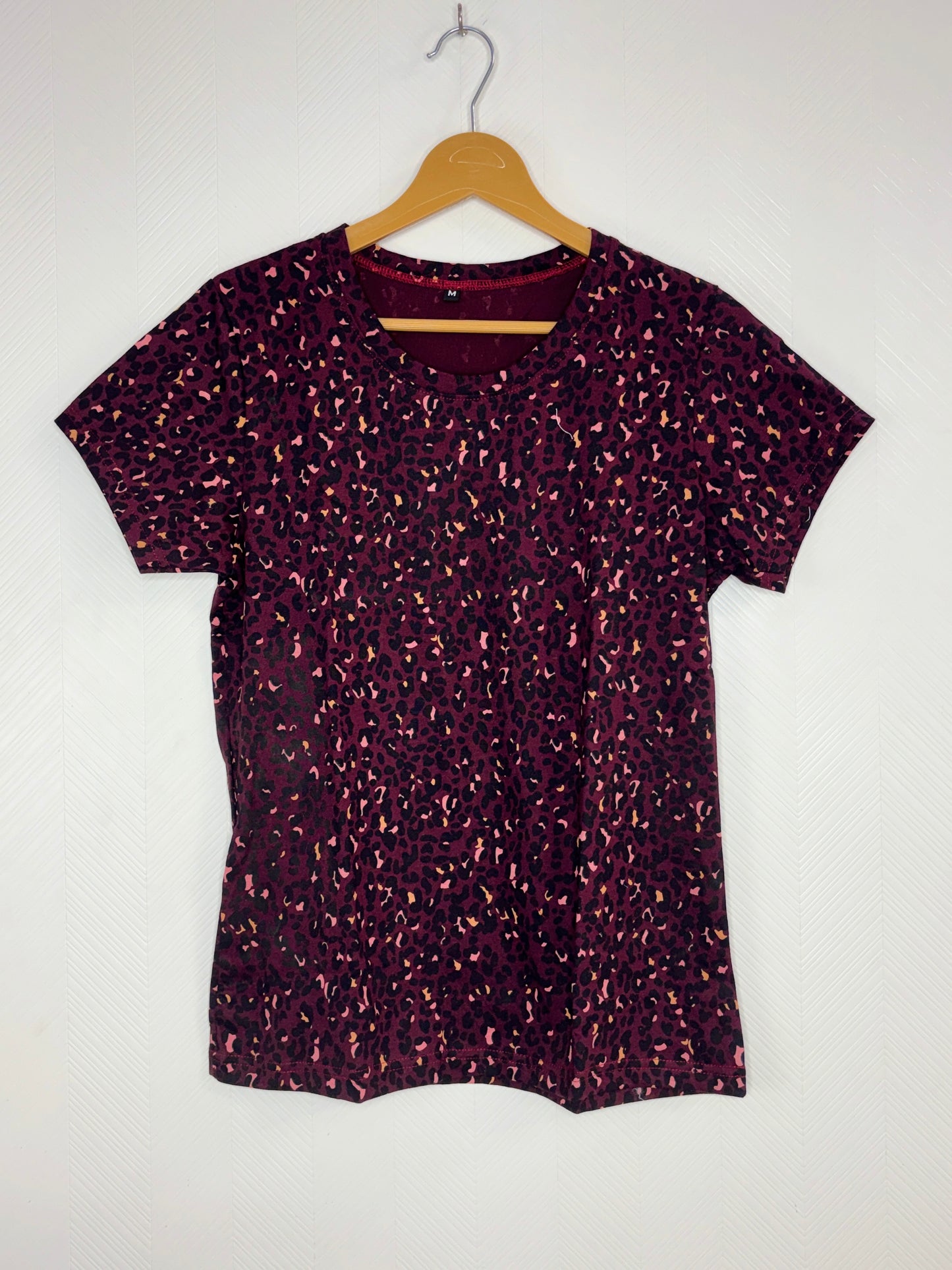 Women's Burgundy Animal Print Round Neck T-Shirt