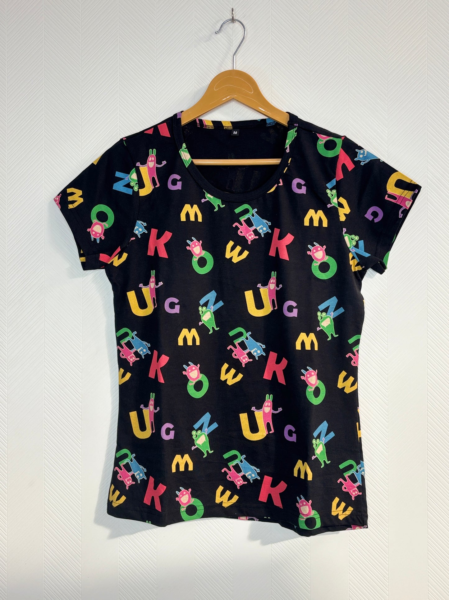 Black Alphabet and Cartoon Print Women's T-Shirt