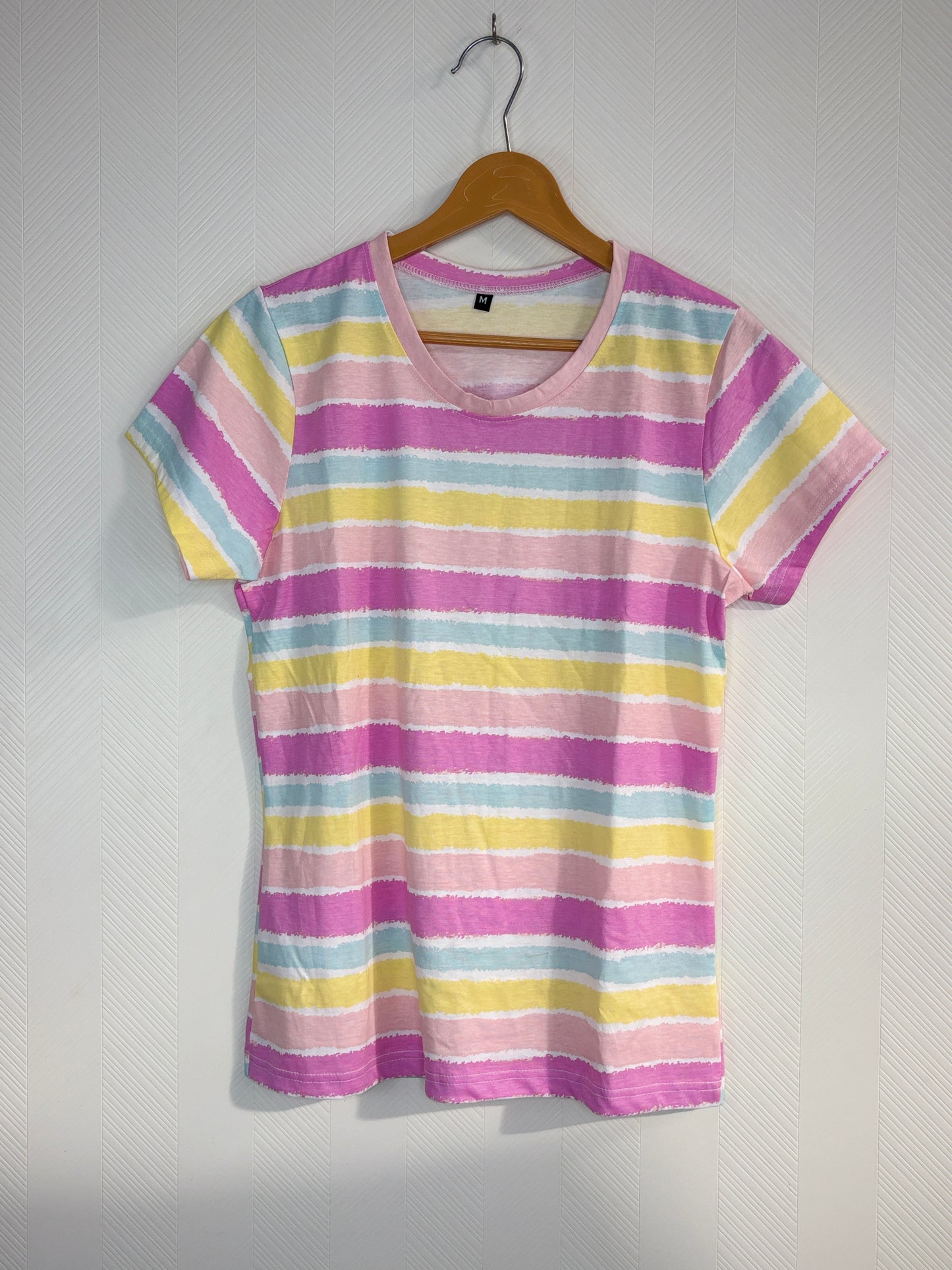 Pink, Yellow and Sky Blue Striped Women's T-Shirt