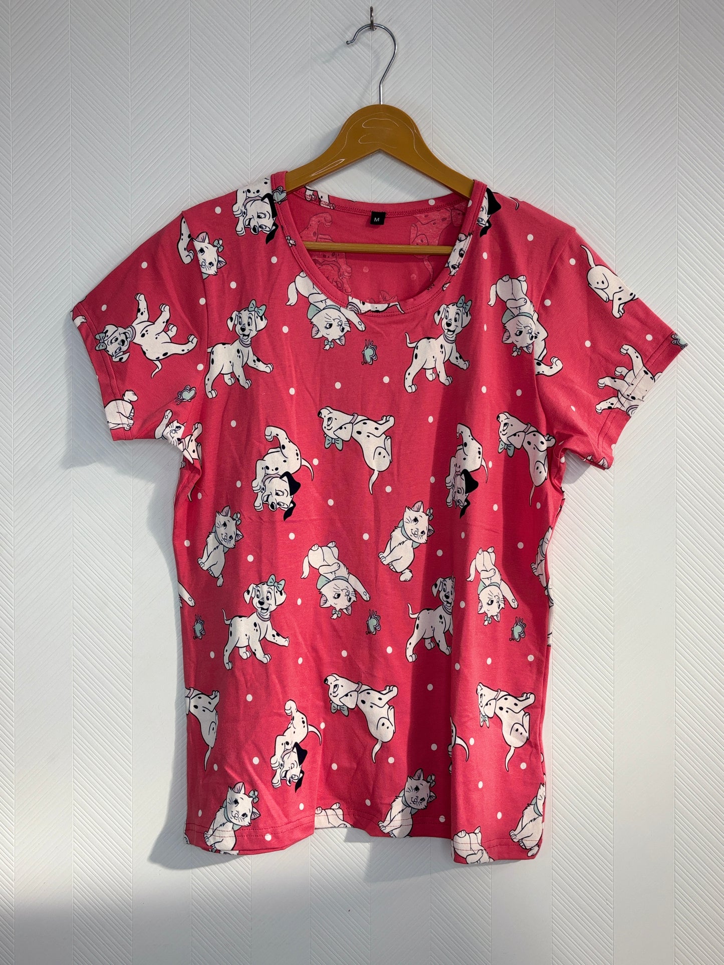 Pink Cartoon Puppy and Kitten Print Women's T-Shirt