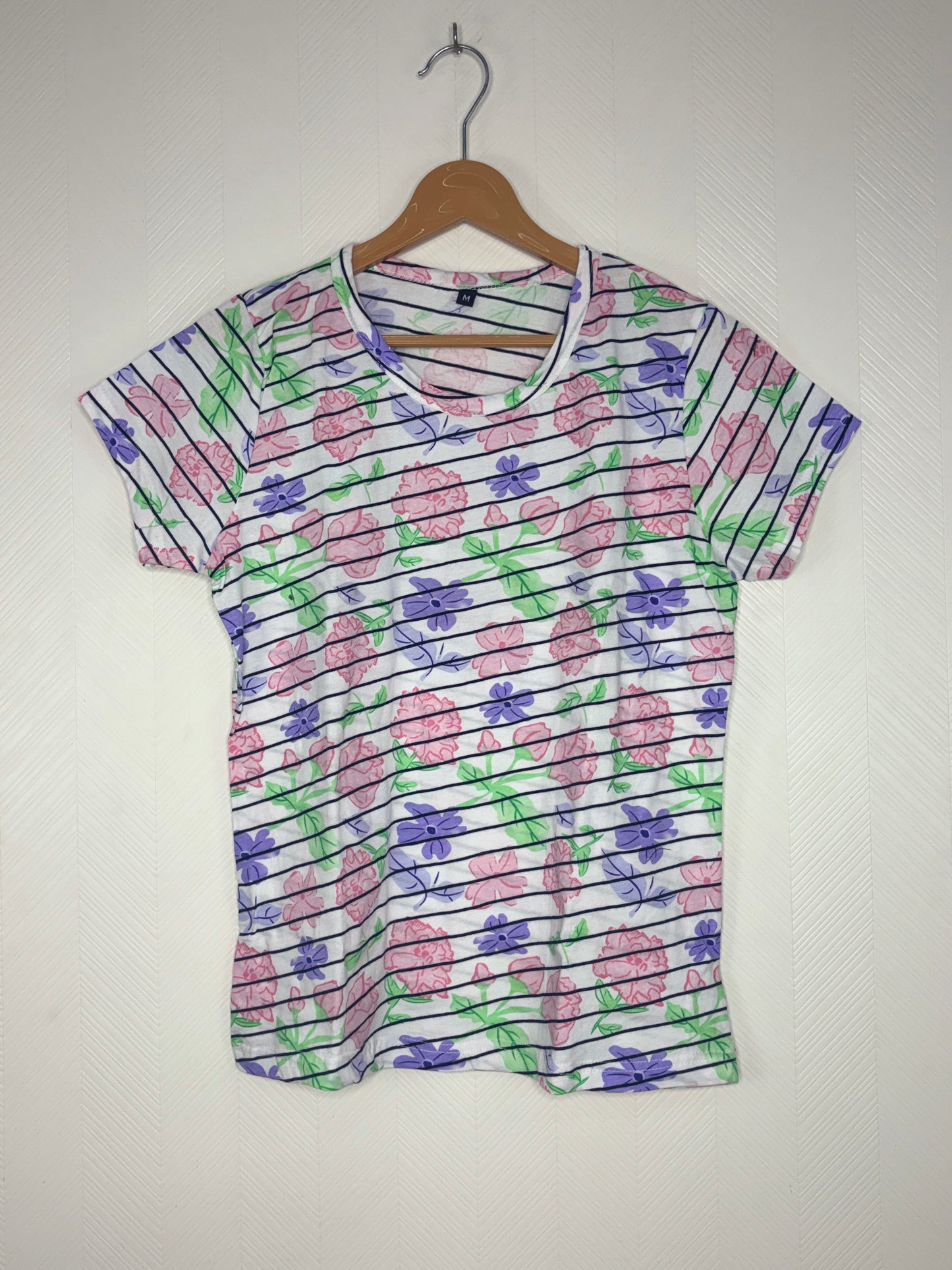 White Floral Stripe Print Women's T-Shirt