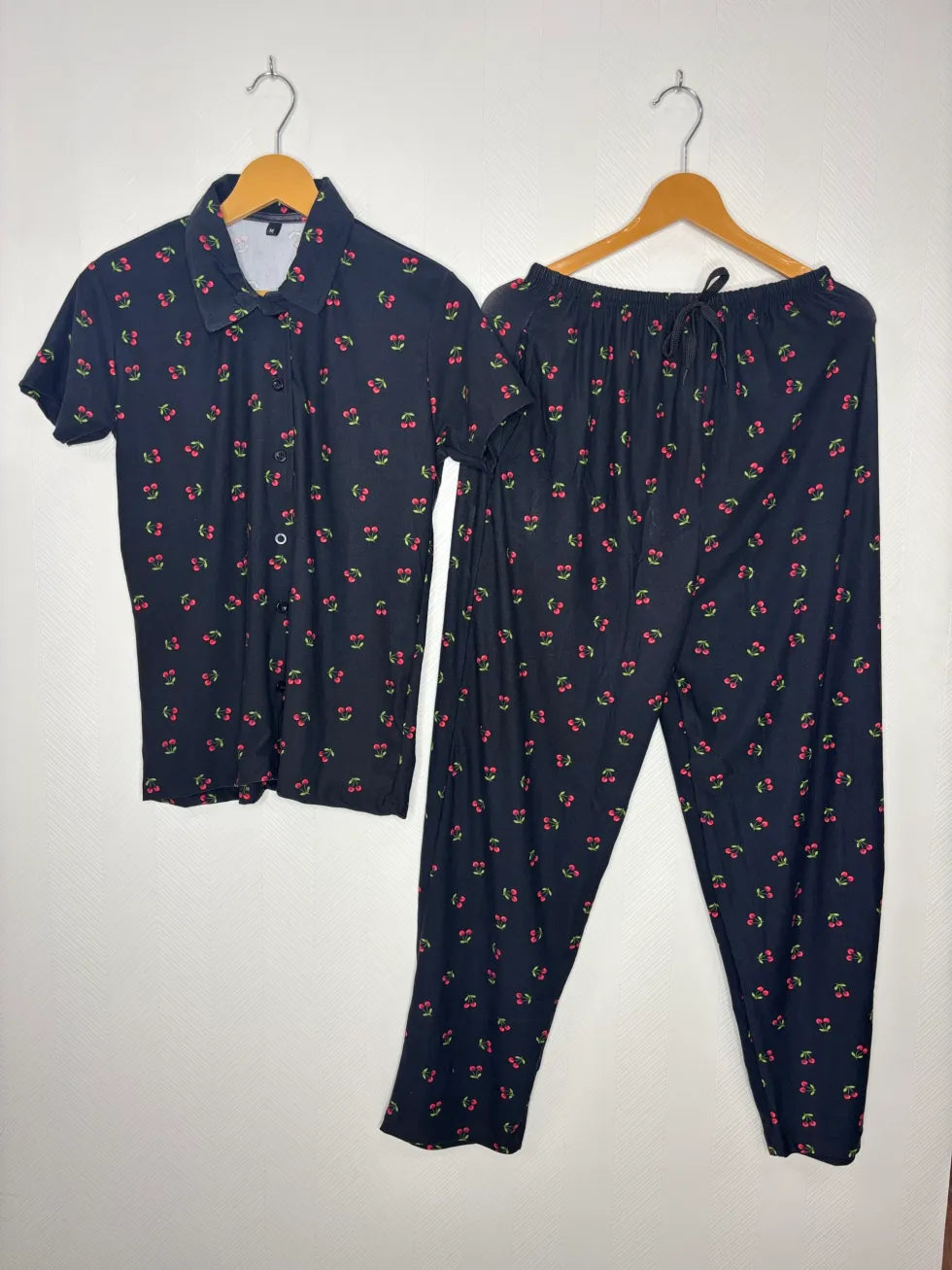 Spun Fabric Black with Cherry Printed Shirt and Pant Coords
