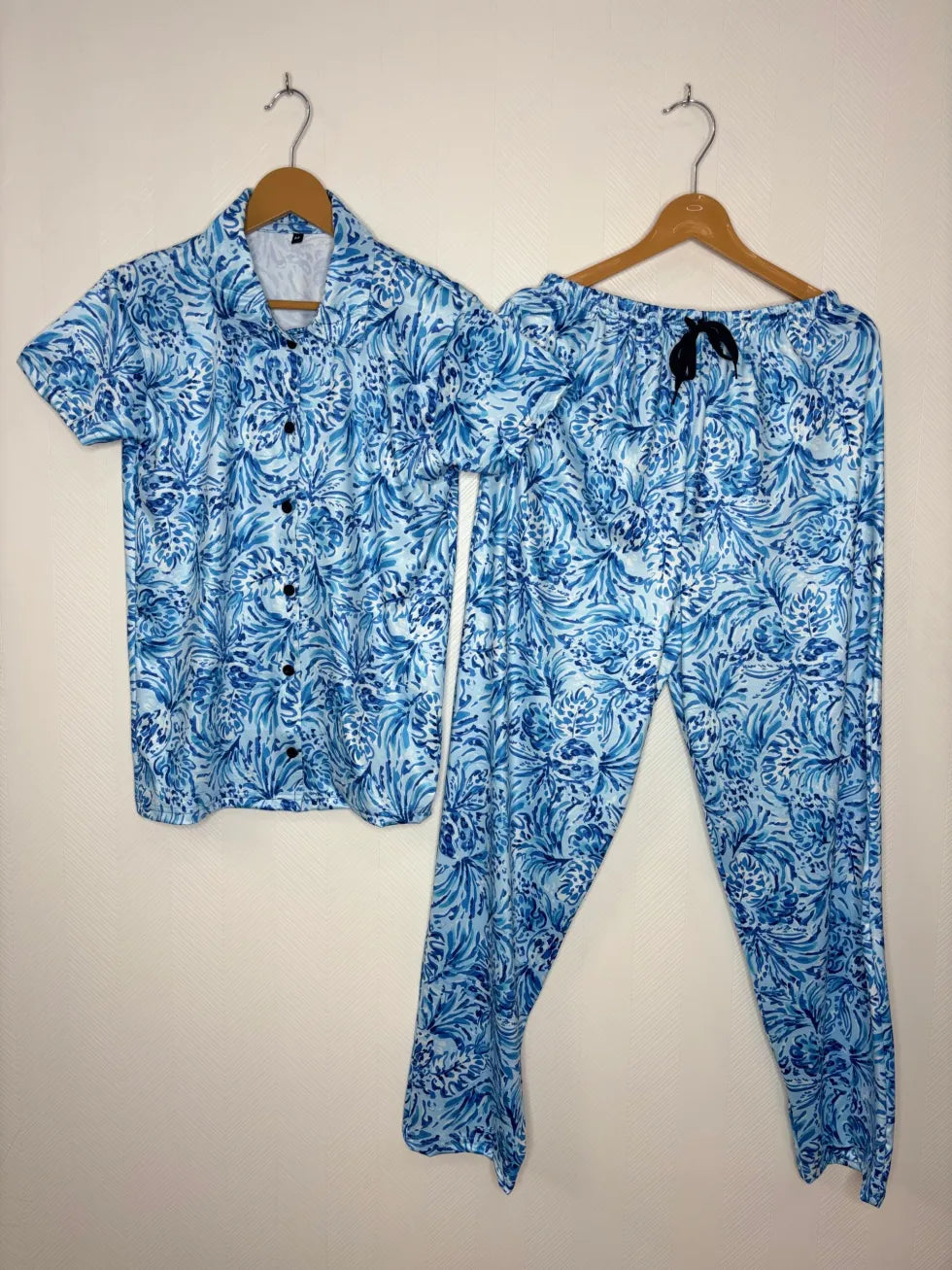 Spun Fabric Blue and White Abstract Floral Printed Shirt and Pant Coords