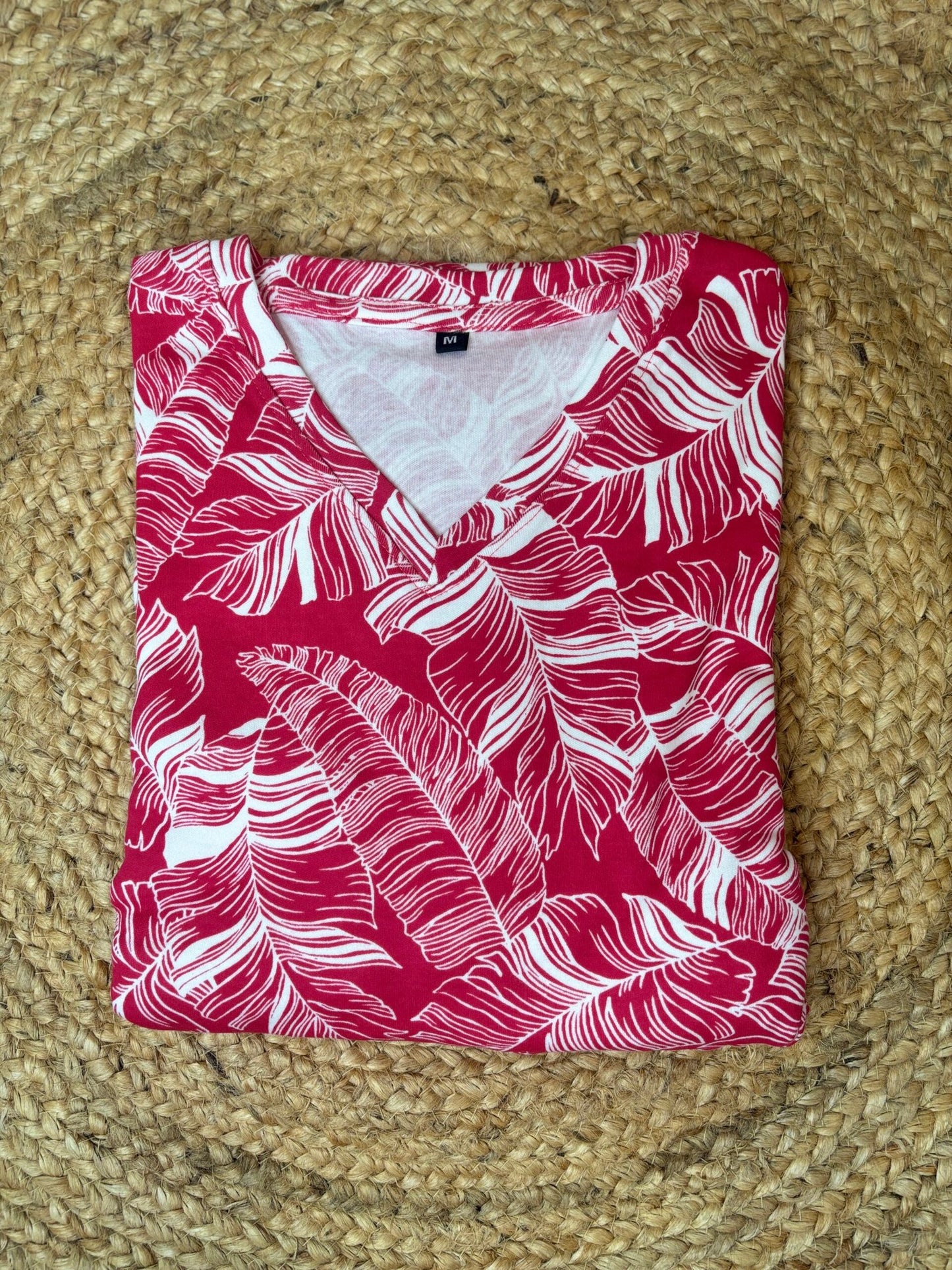 Red White Leaves Printed Lounge Frock